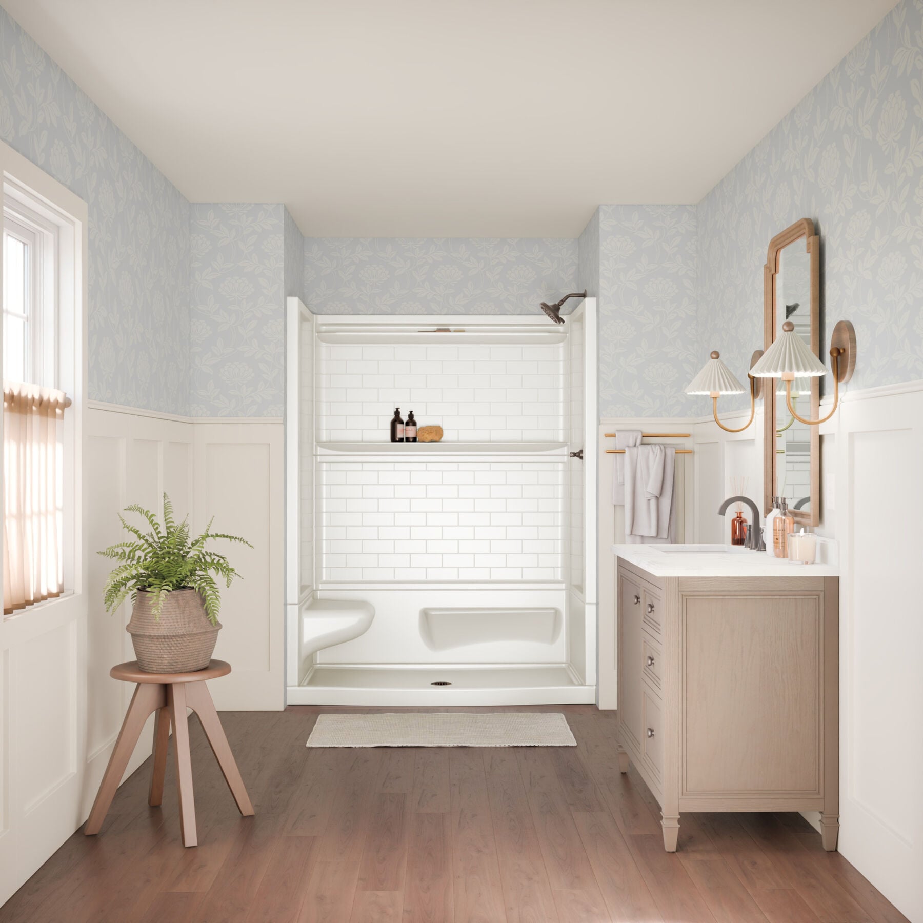 60x32 Alcove Shower Base with Tile Wall Bundle  - Left Seat Center Drain Curve
