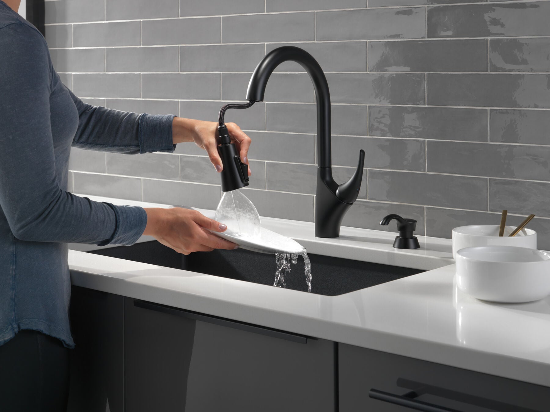 Single Handle Pull-Down Kitchen Faucet with Soap Dispenser and ShieldSpray Technology