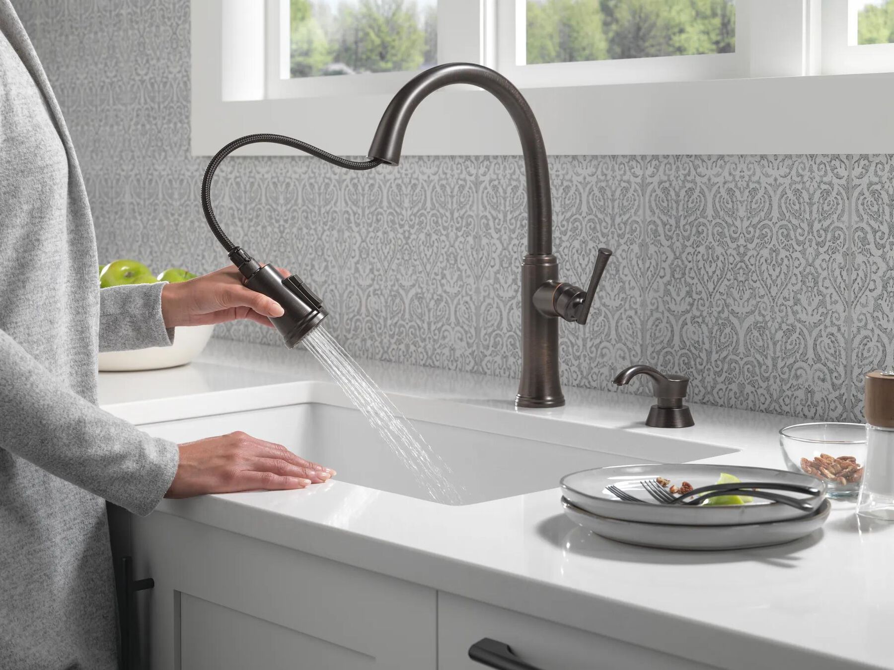 Single Handle Pull-Down Kitchen Faucet with Soap Dispenser and ShieldSpray Technology