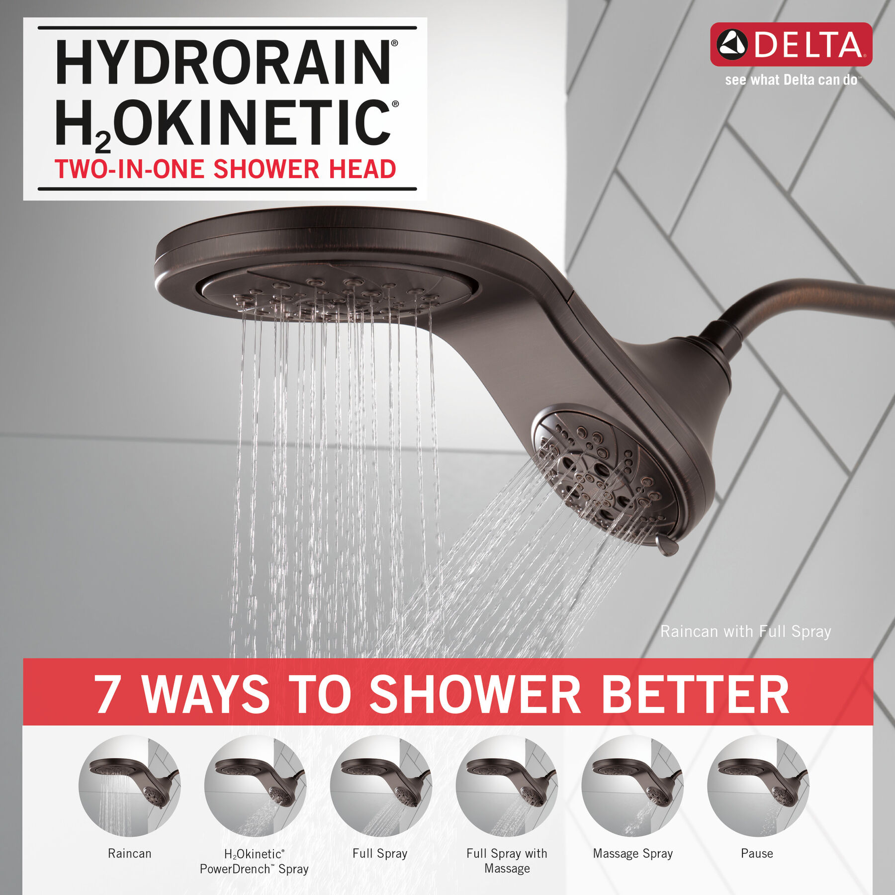 HydroRain&reg; H<sub>2</sub>Okinetic&reg; In2ition&reg; 5-Setting Two-in-One Shower