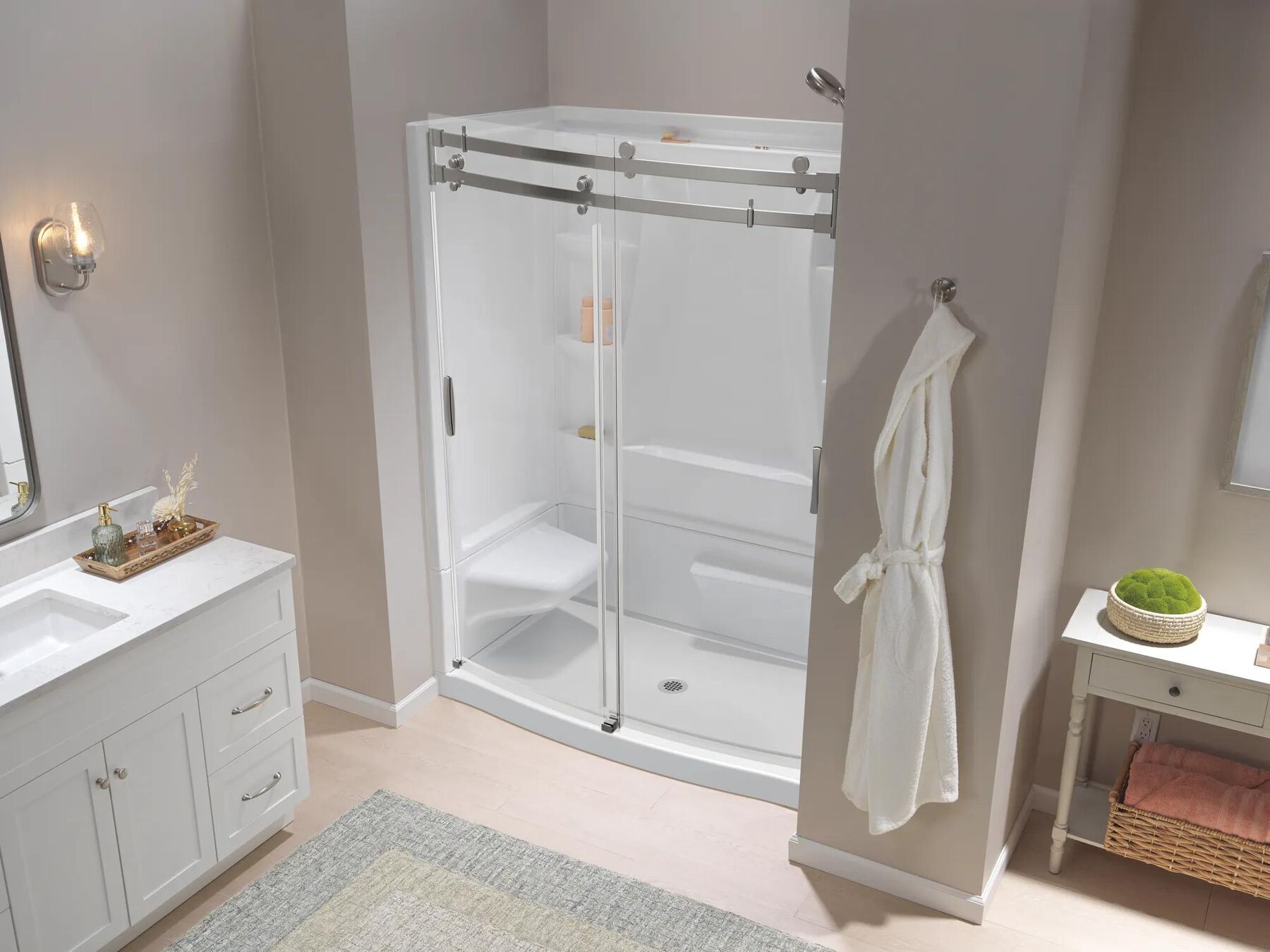 60x32 Alcove Shower Bundle with Door - Left Seat Center Drain Curve