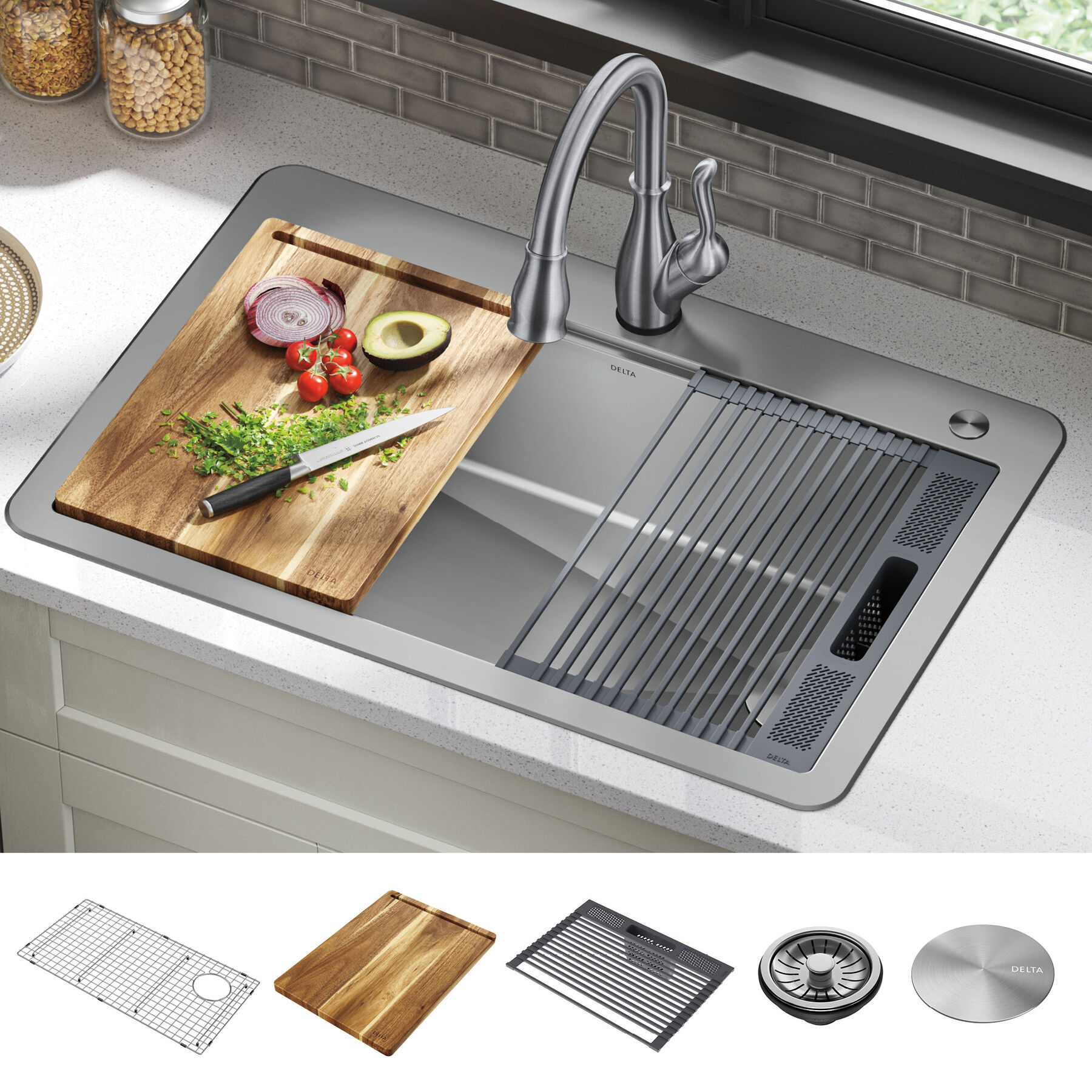 33&rdquo; Workstation Kitchen Sink Drop-In Top Mount Stainless Steel Single Bowl with WorkFlow&trade; Ledge and Accessories