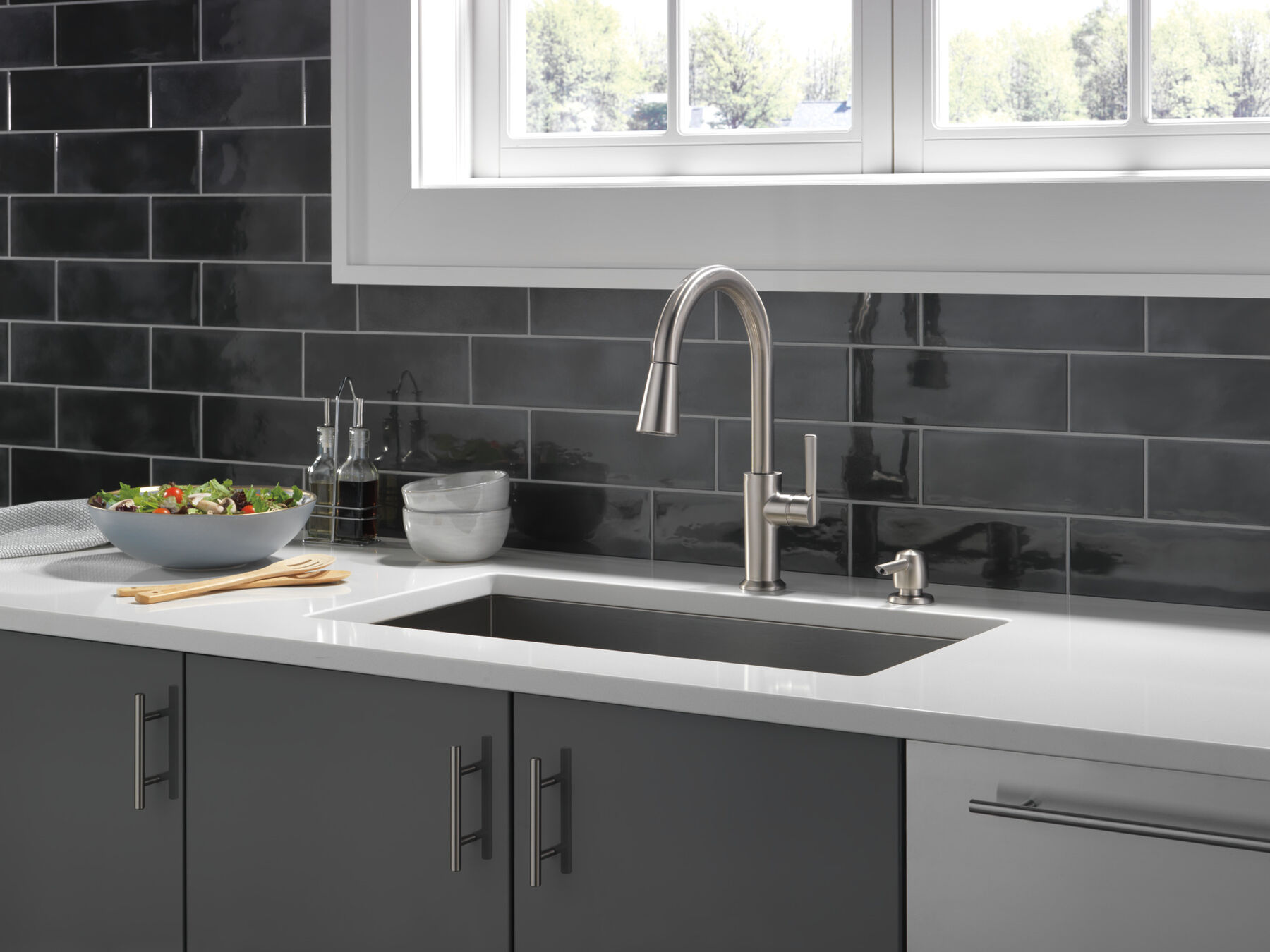 Single Handle Pull-Down Kitchen Faucet with Soap Dispenser and ShieldSpray Technology