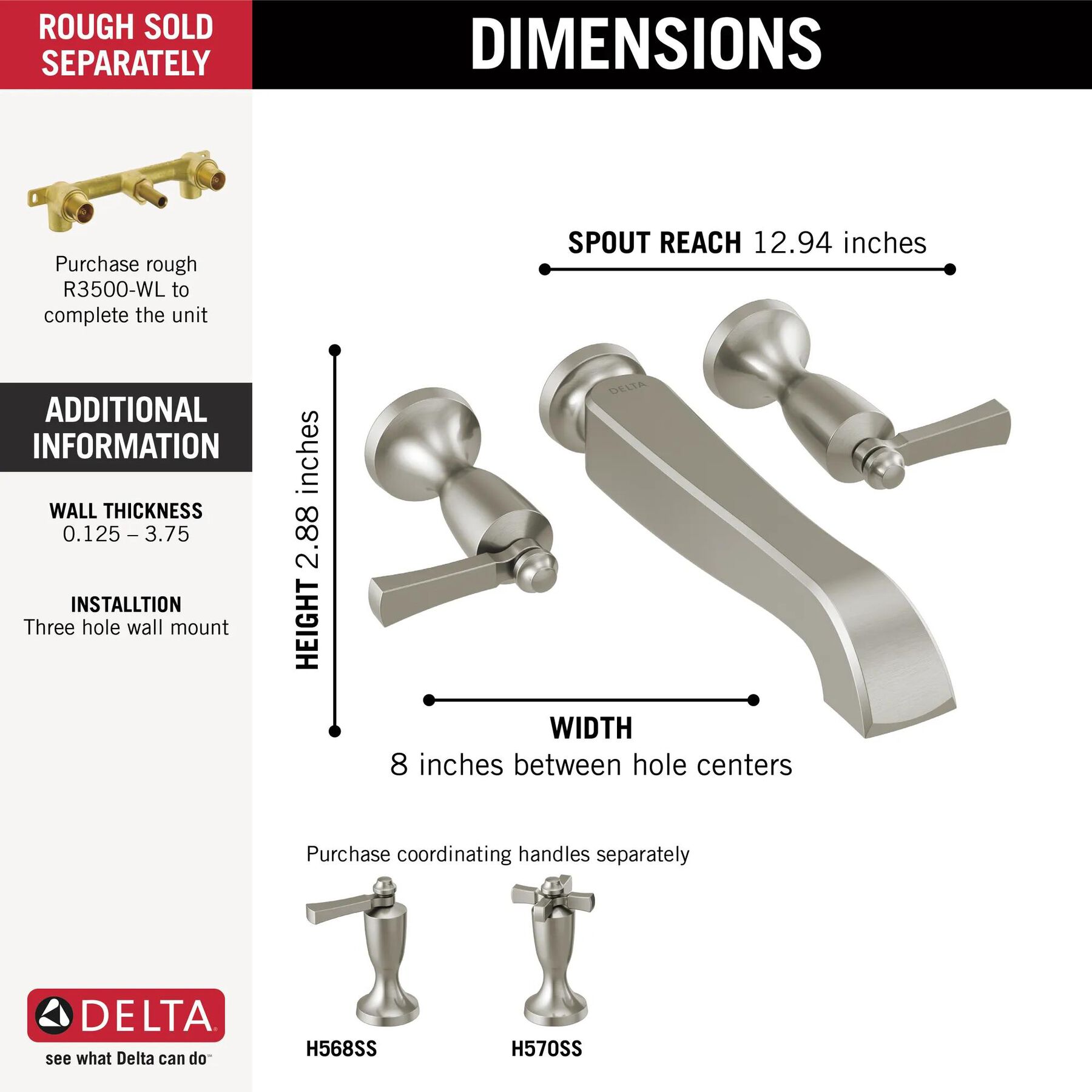 Two Handle Wall Mount Tub Filler - Less Handles