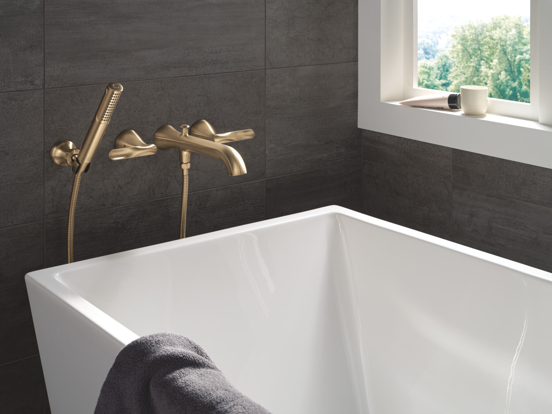 Two Handle Wall Mount Tub Filler Trim with Hand Shower