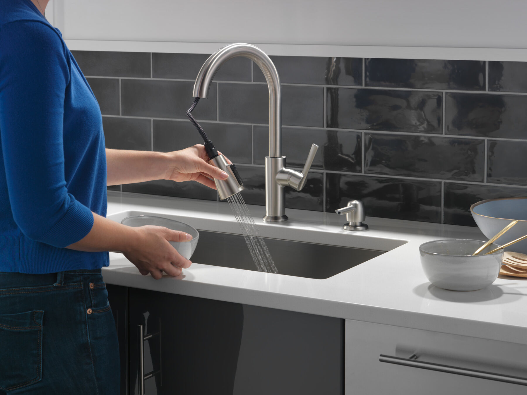 Single Handle Pull-Down Kitchen Faucet with Soap Dispenser and ShieldSpray Technology