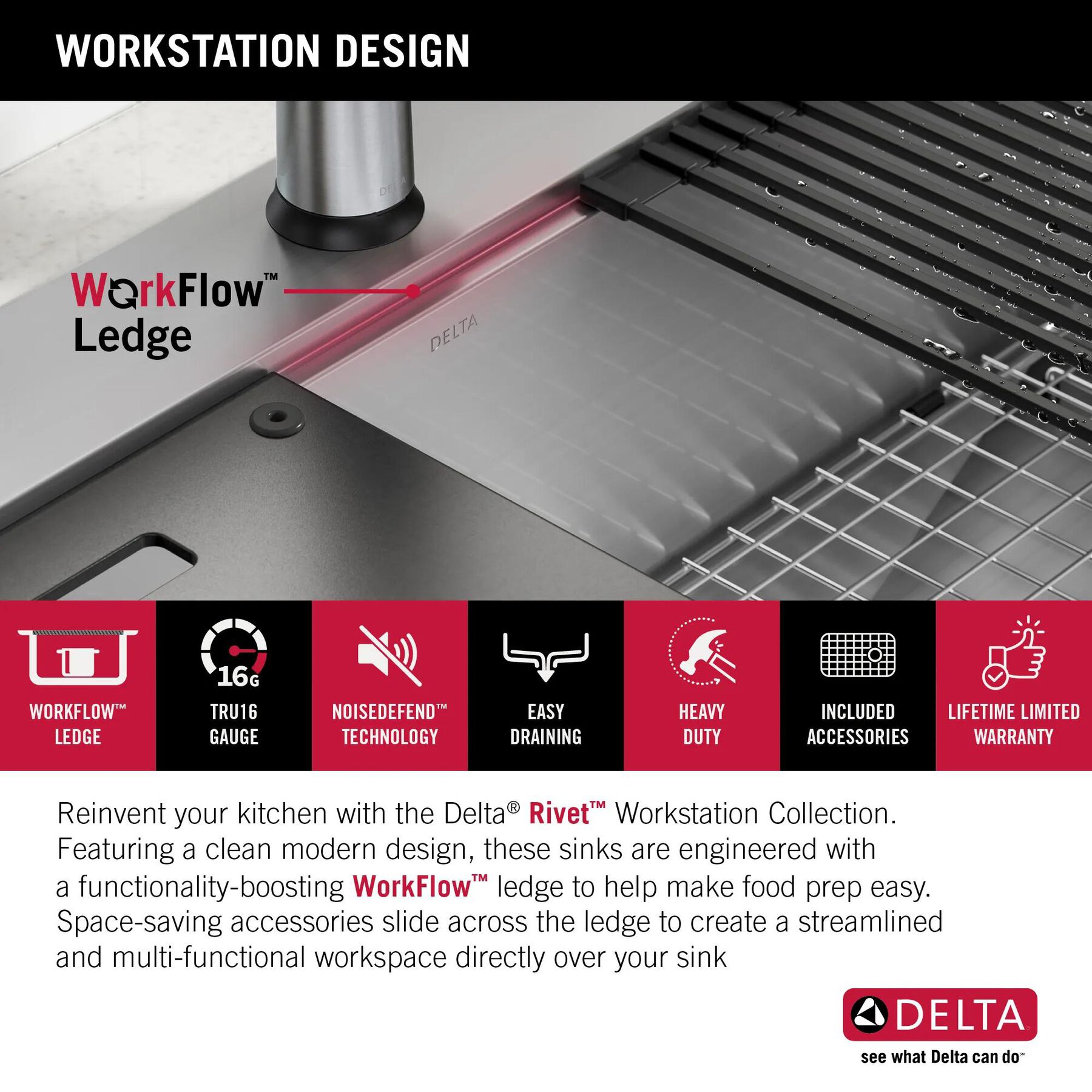 25&rdquo; Workstation Kitchen Sink&nbsp;Drop-In Top Mount&nbsp;16 Gauge&nbsp;Stainless Steel Single Bowl with&nbsp;WorkFlow&trade; Ledge&nbsp;and Accessories