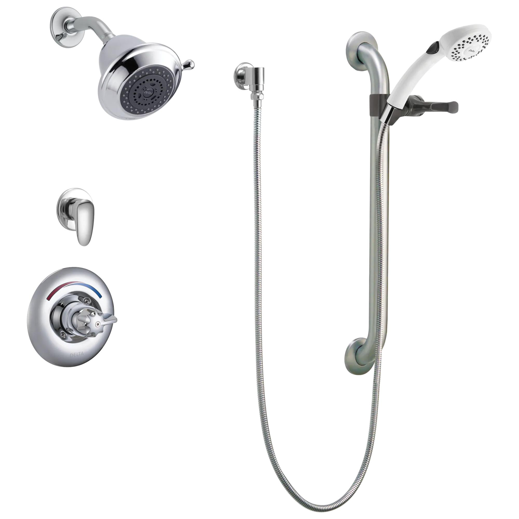 Universal Dual Shower Trim, Diverter, Hand Shower, and Grab Bar