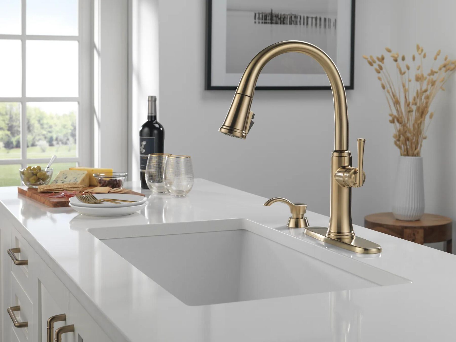 Single Handle Pull-Down Kitchen Faucet with Soap Dispenser and ShieldSpray Technology