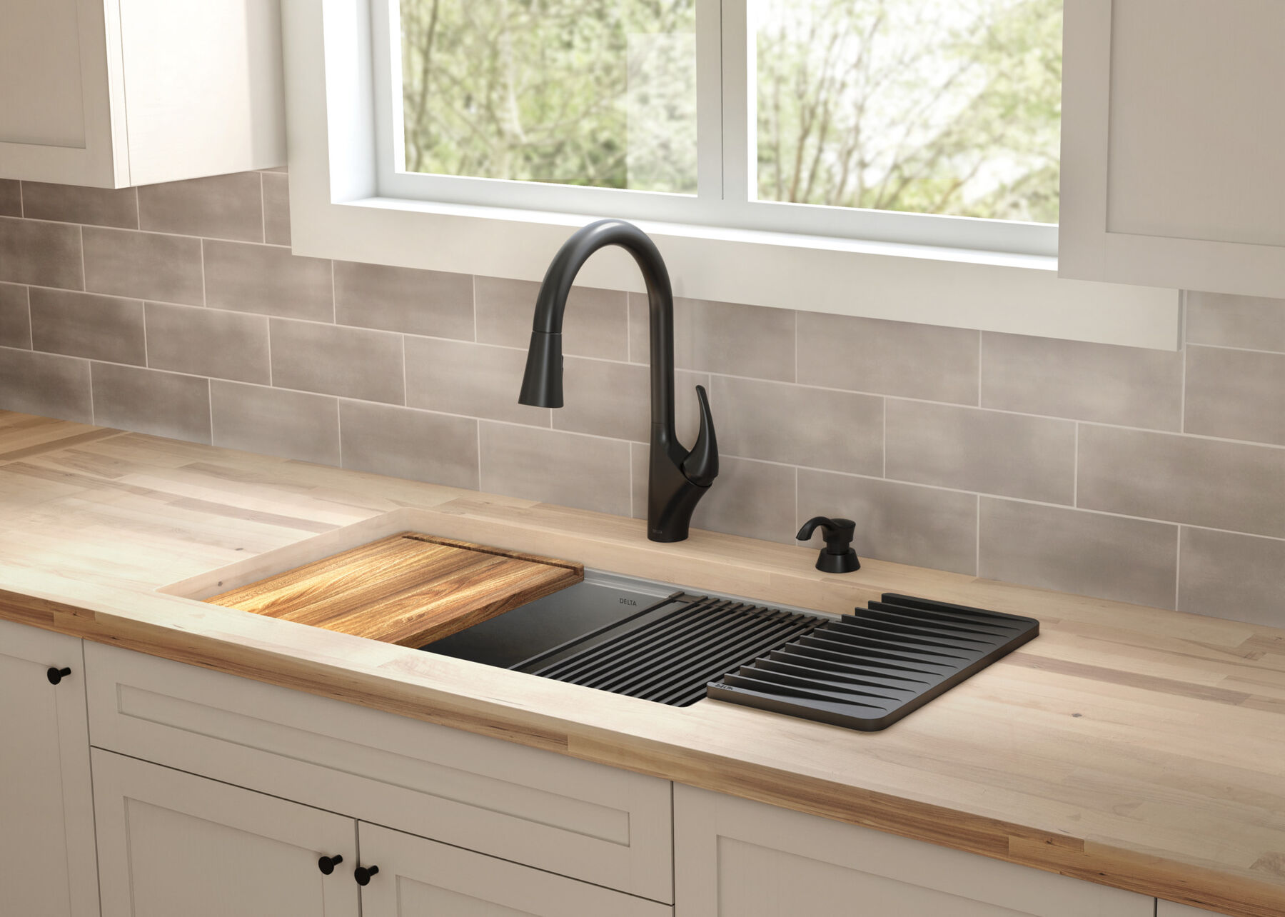 Single Handle Pull-Down Kitchen Faucet with Soap Dispenser and ShieldSpray Technology