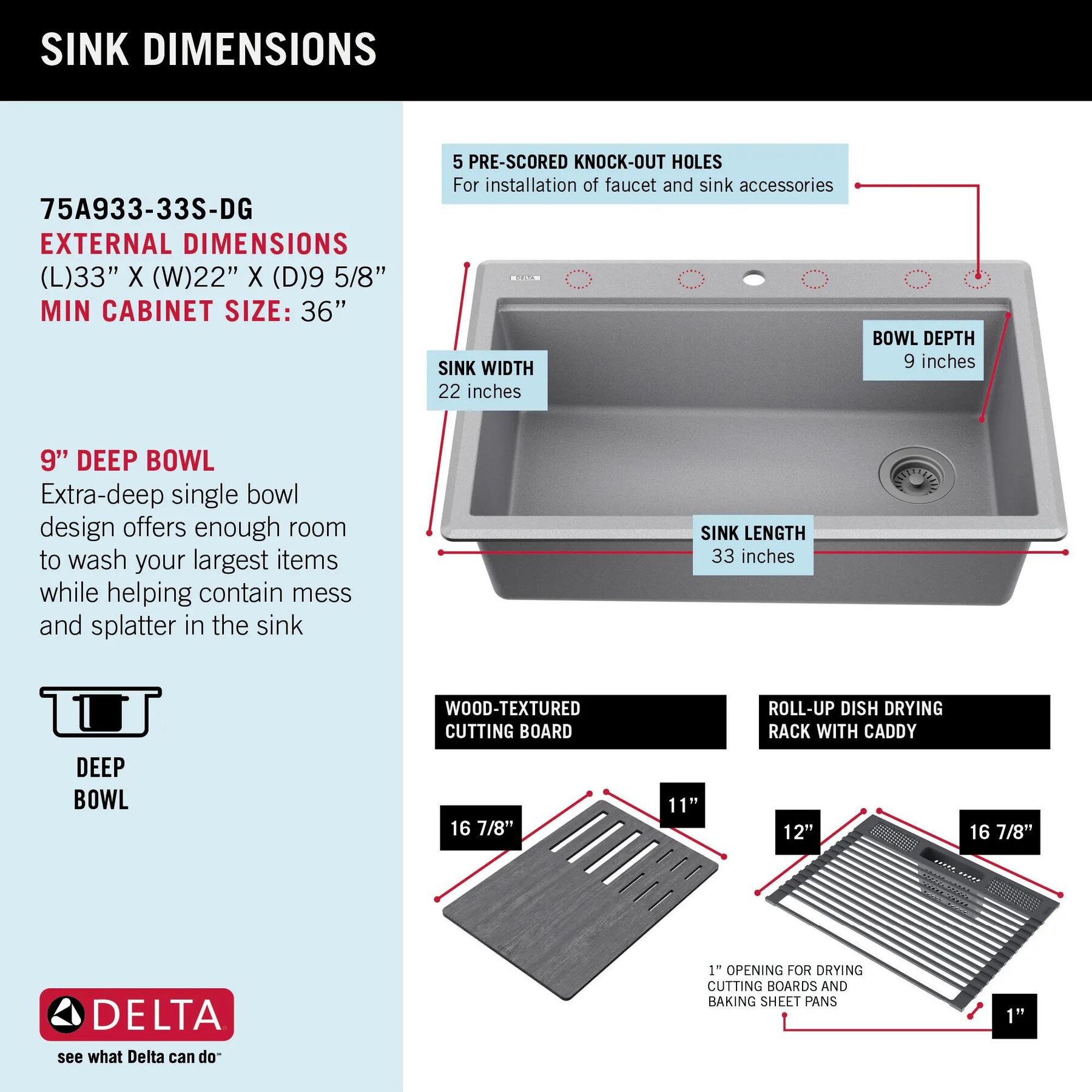 33&rdquo; Granite Composite Workstation Kitchen Sink Drop-In Top Mount Single Bowl with WorkFlow&trade; Ledge and Accessories in Dark Grey