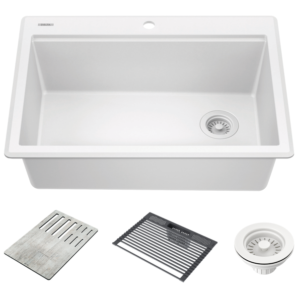 30&rdquo; Granite Composite Workstation Kitchen Sink Drop-In Top Mount Single Bowl with WorkFlow&trade; Ledge and Accessories in White