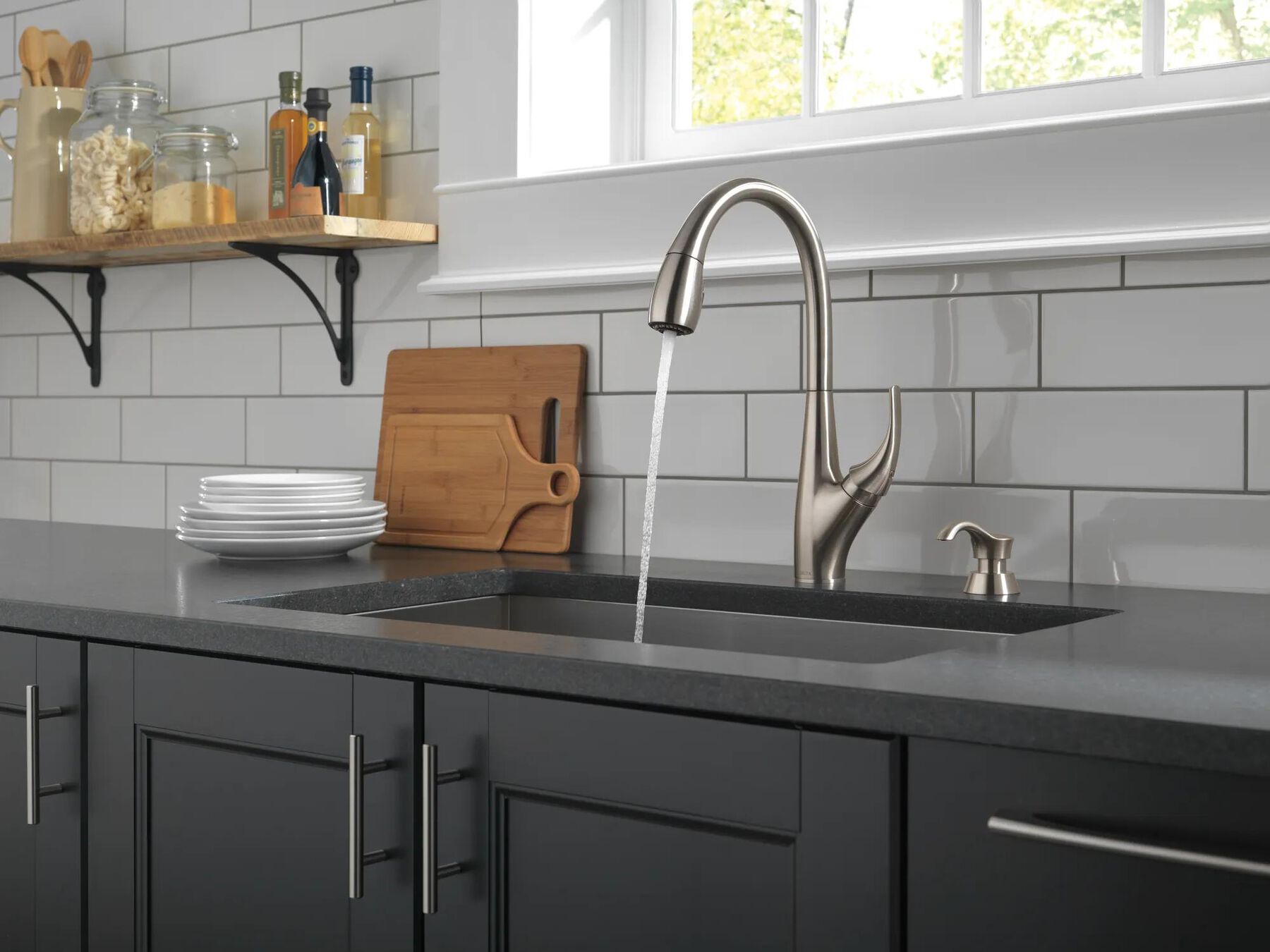 Single Handle Pull-Down Kitchen Faucet with Soap Dispenser and ShieldSpray&reg; Technology (Recertified)
