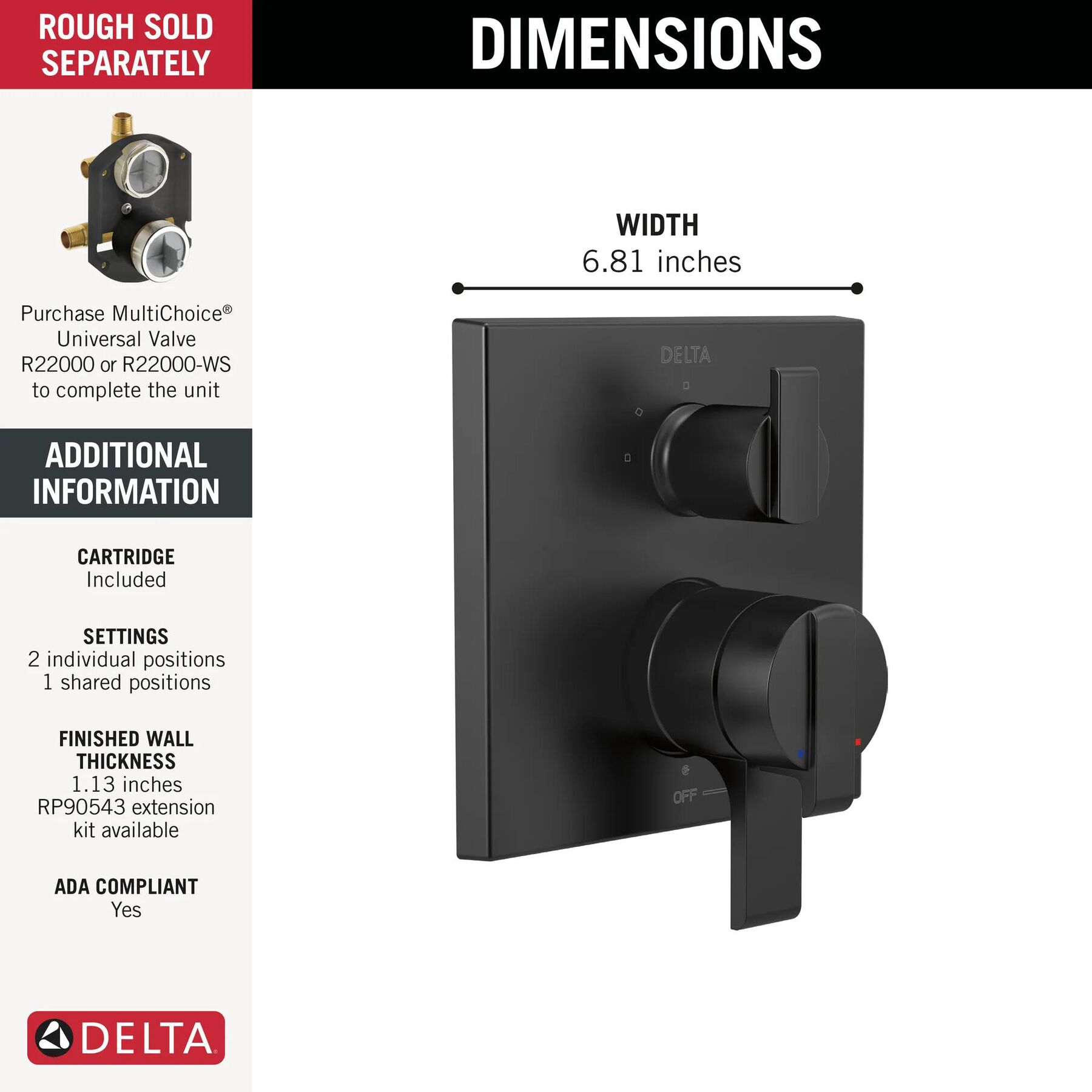 Angular Modern Monitor&reg; 17 Series Valve Trim with 3-Setting Integrated Diverter
