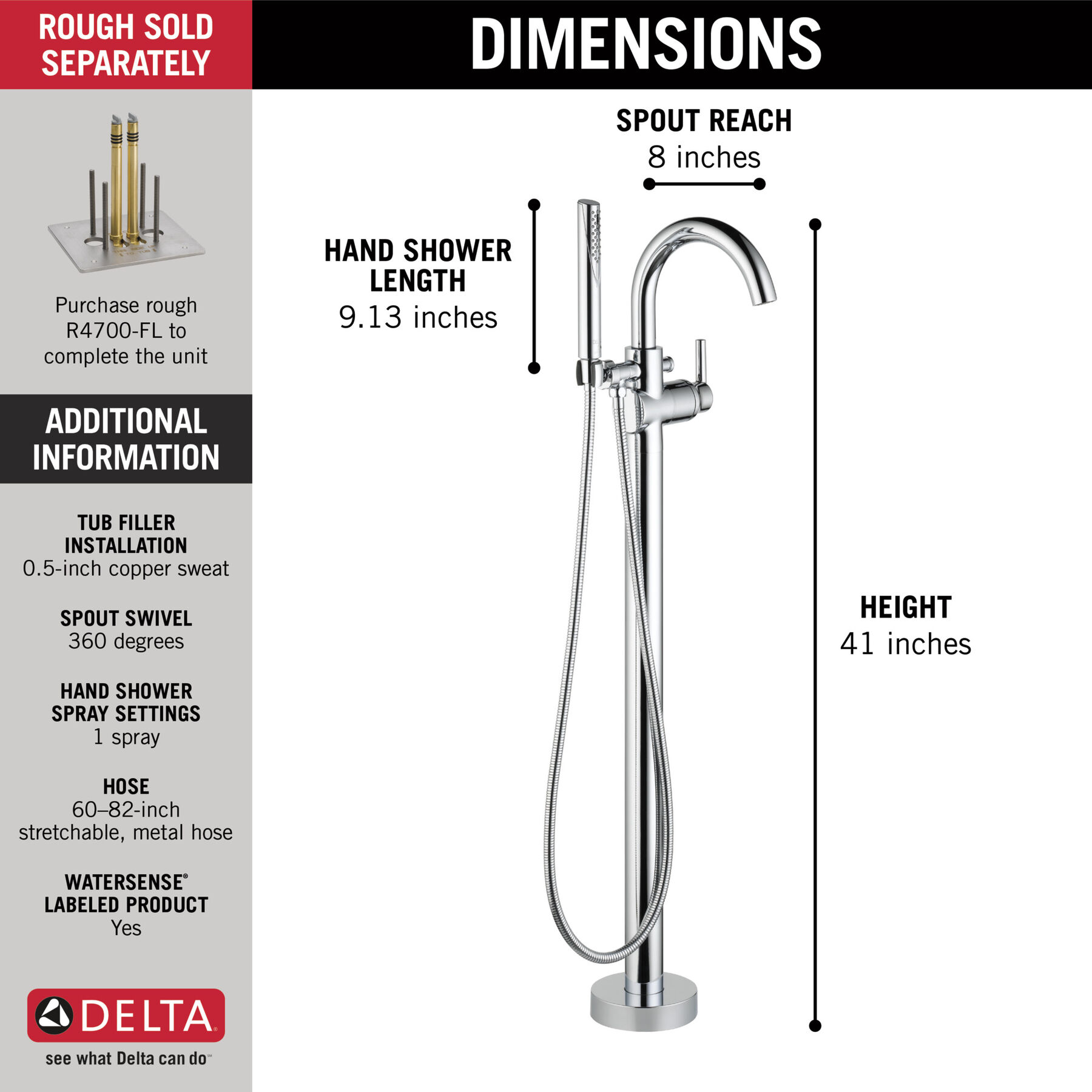 Single Handle Floor Mount Tub Filler Trim with Hand Shower (Recertified)