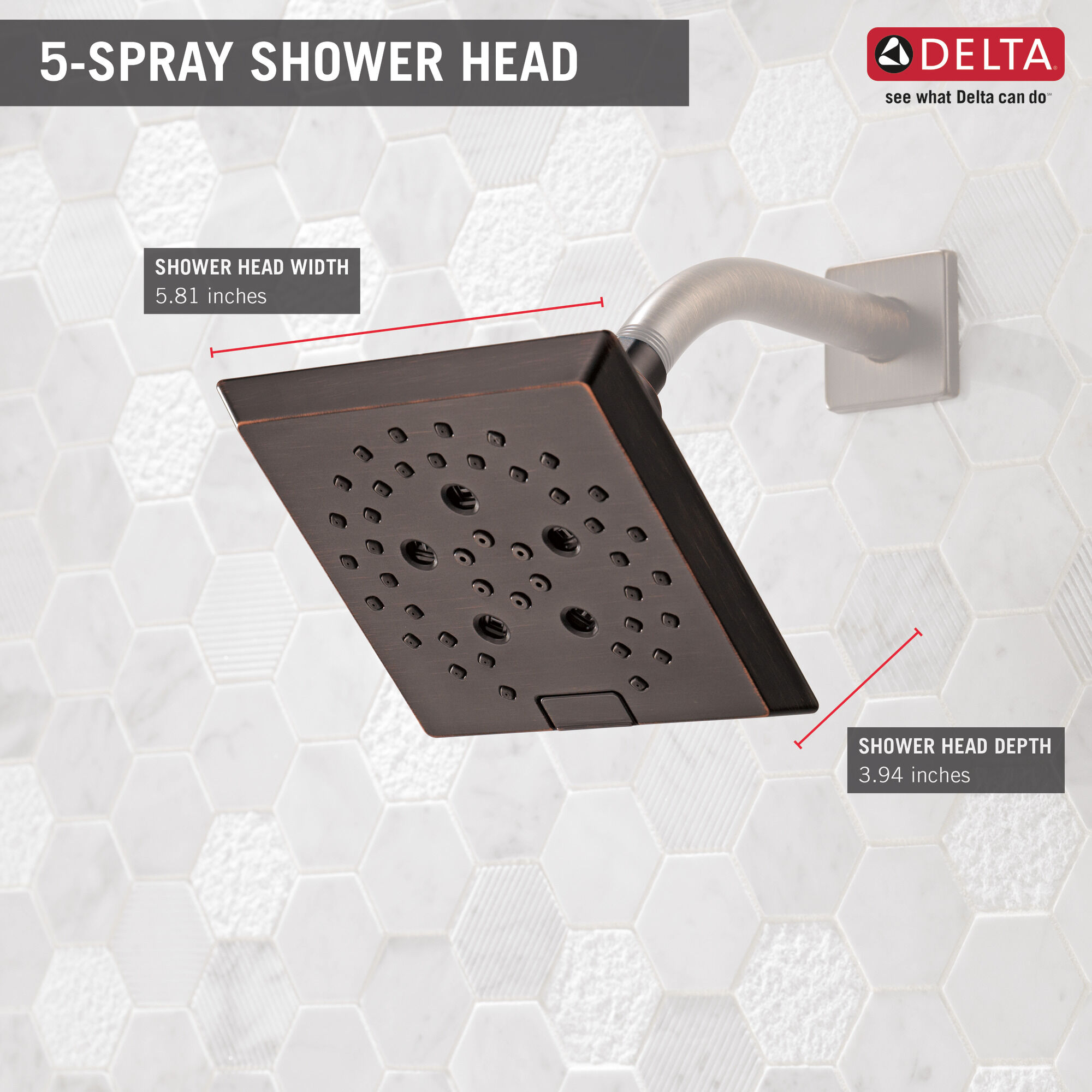 H2Okinetic® 5-Setting Angular Modern Raincan Shower Head in