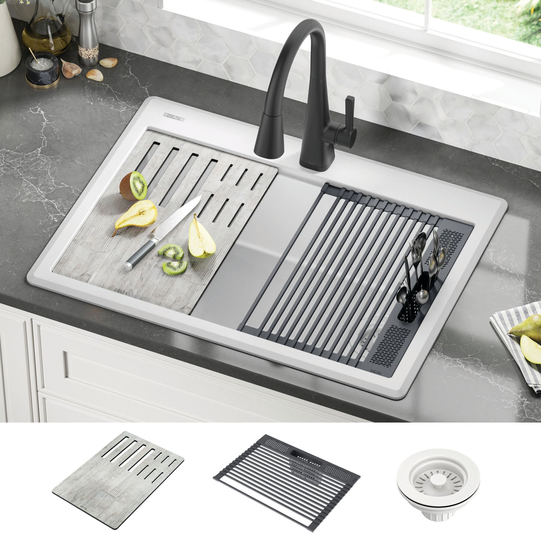 30&rdquo; Granite Composite Workstation Kitchen Sink Drop-In Top Mount Single Bowl with WorkFlow&trade; Ledge and Accessories in White