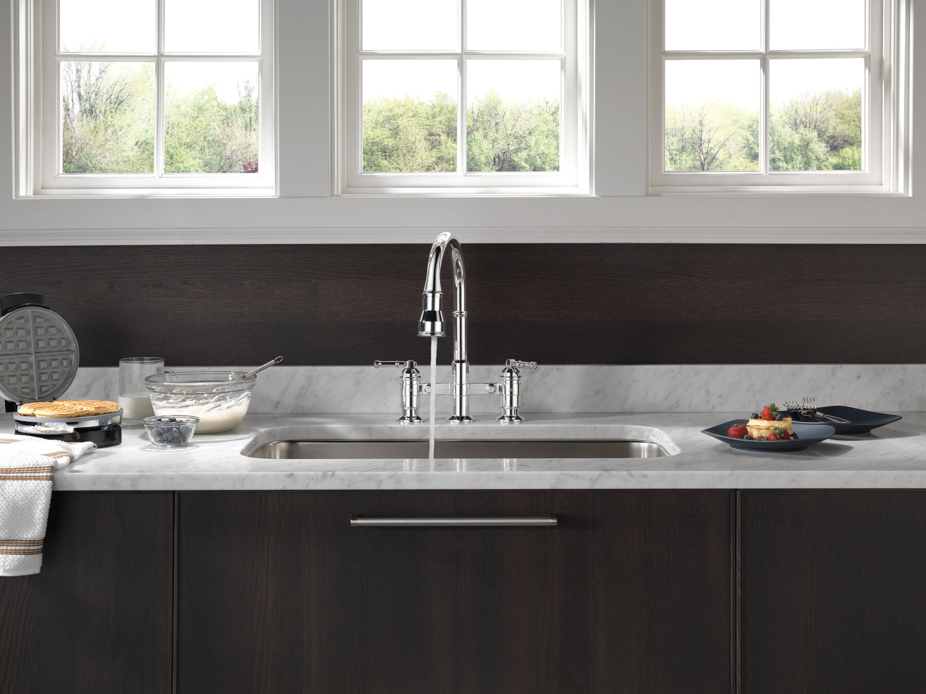 Two Handle Pull-Down Bridge Kitchen Faucet