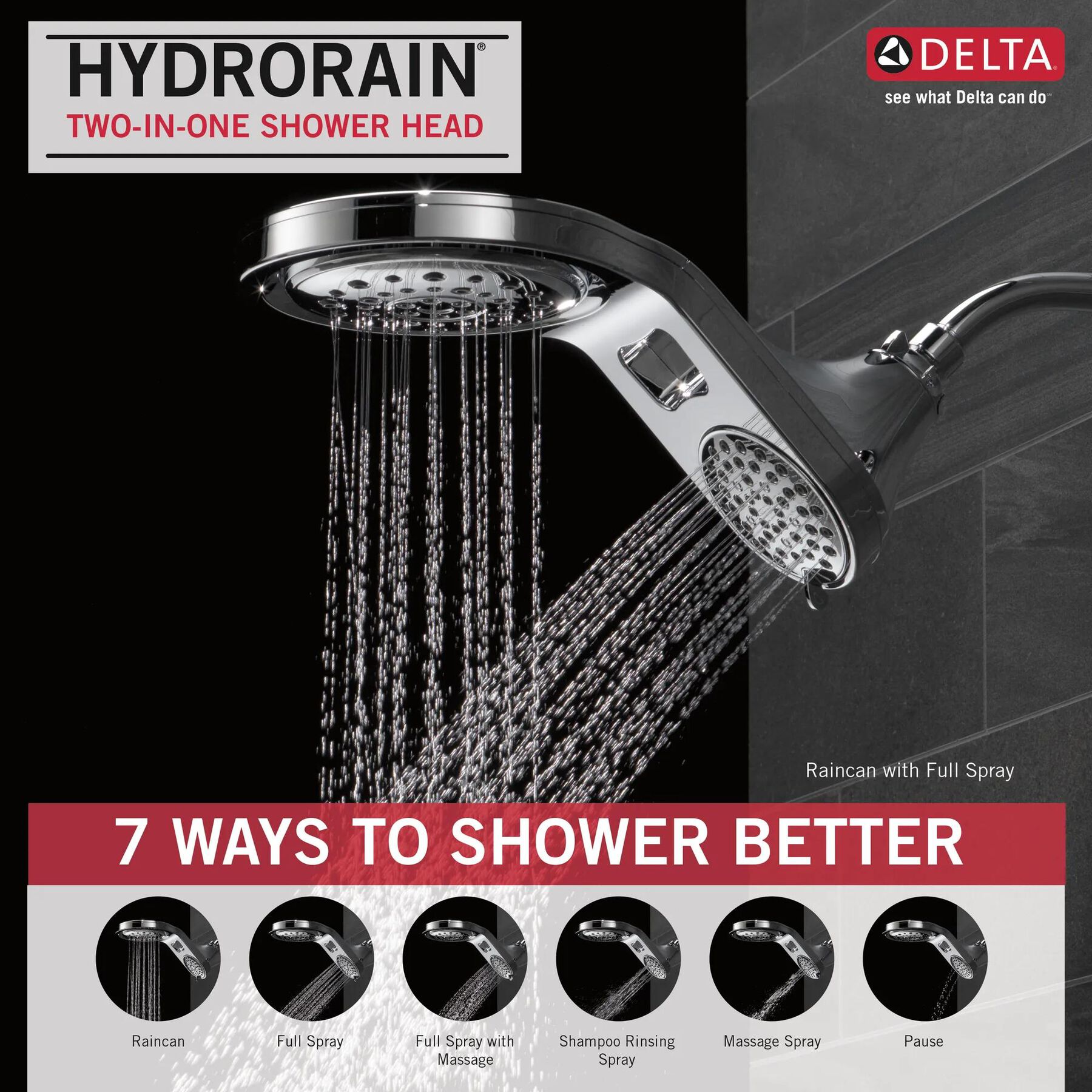 HydroRain&reg; 5-Setting Two-in-One Shower Head