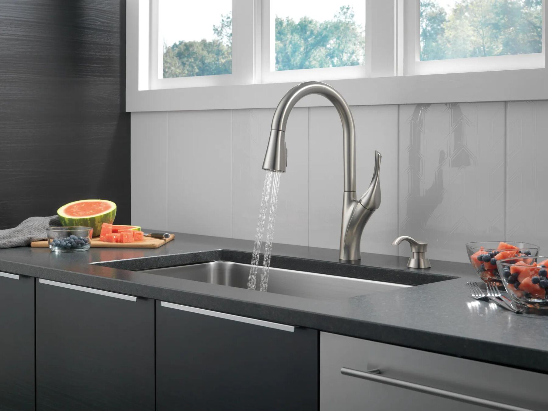 Single Handle Pull-Down Kitchen Faucet with Soap Dispenser and ShieldSpray&reg; Technology (Recertified)