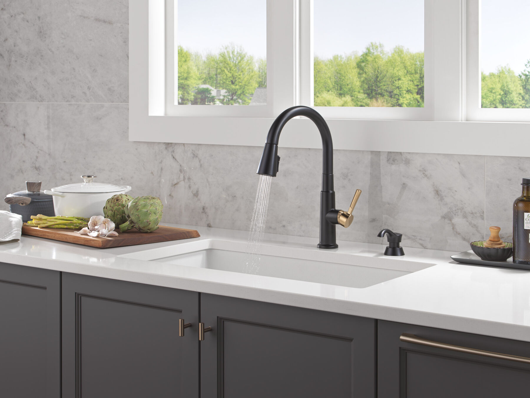 Single Handle Pull-Down Kitchen Faucet with Soap Dispenser and ShieldSpray&reg; Technology