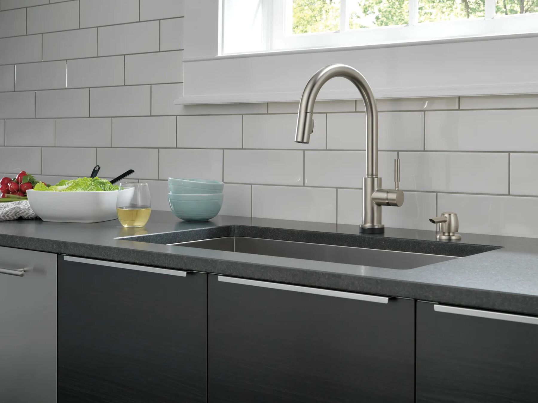 Single Handle Pull-Down Kitchen Faucet with Touch<sub>2</sub>O&reg; Technology Technology and Soap Dispenser