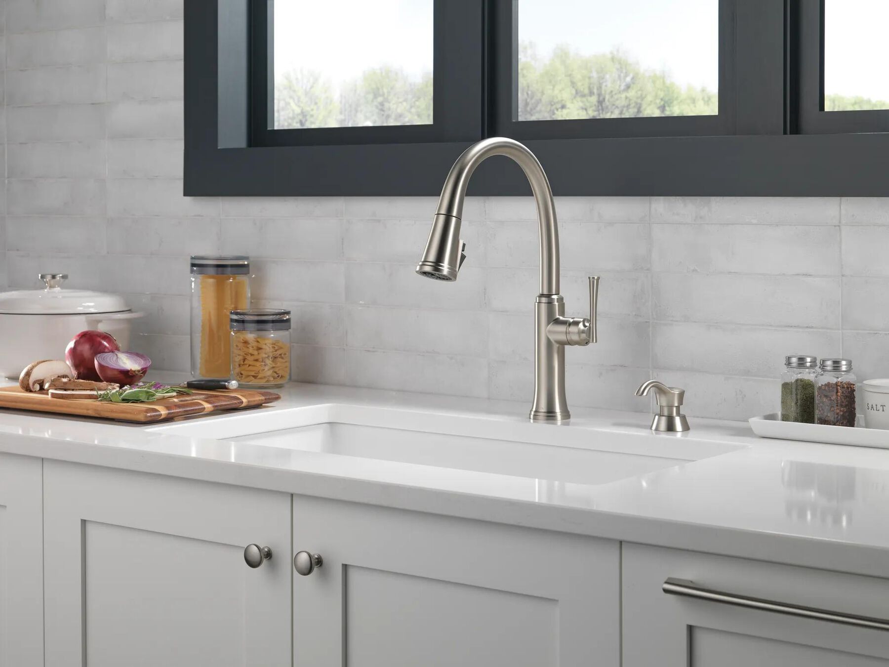Single Handle Pull-Down Kitchen Faucet with Soap Dispenser and ShieldSpray Technology
