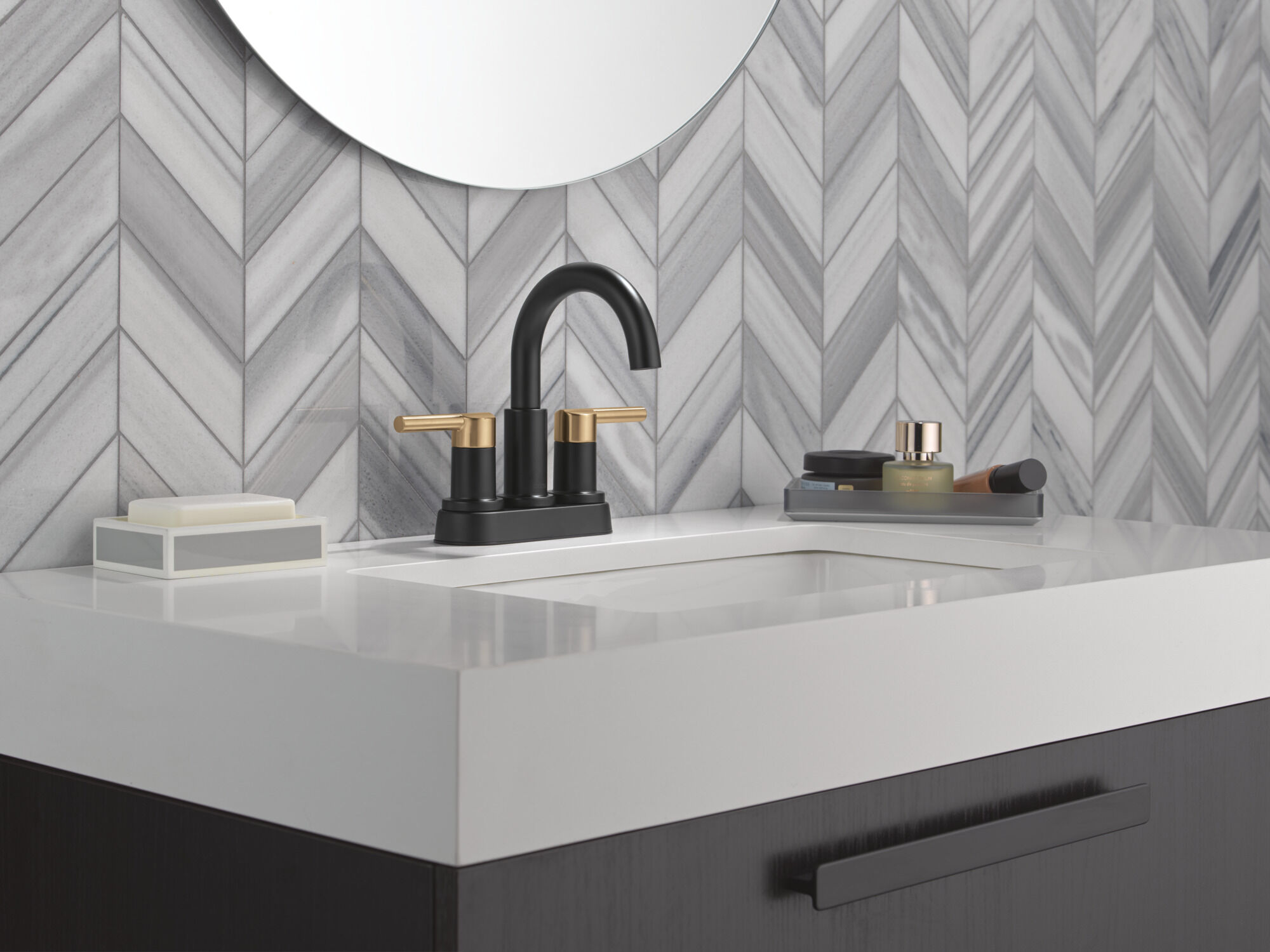 Two Handle Centerset Bathroom Faucet in Matte Black / Champagne