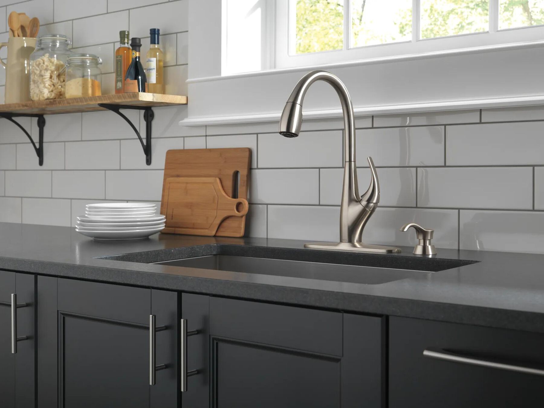 Single Handle Pull-Down Kitchen Faucet with Soap Dispenser and ShieldSpray&reg; Technology
