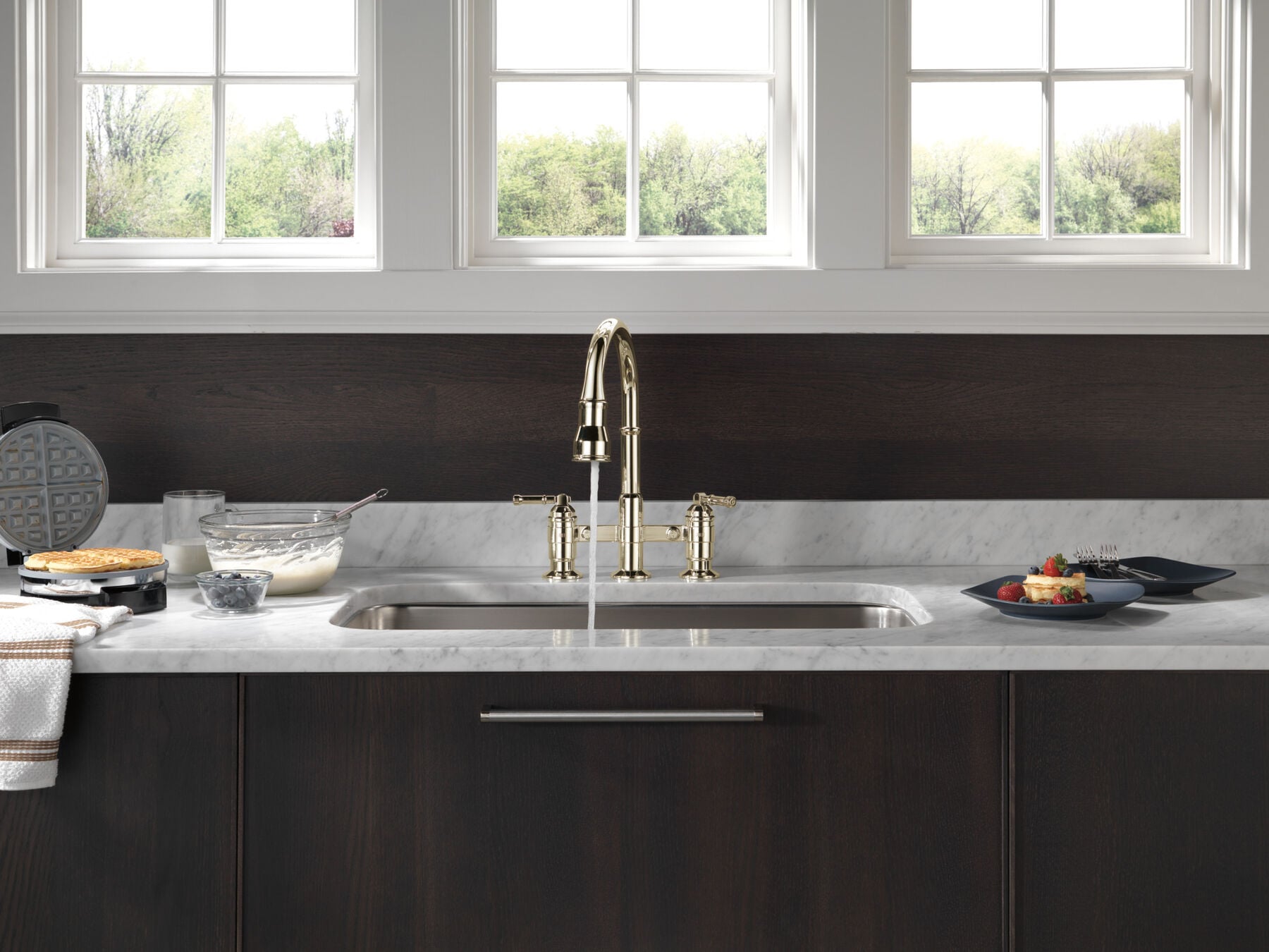 Two Handle Pull-Down Bridge Kitchen Faucet
