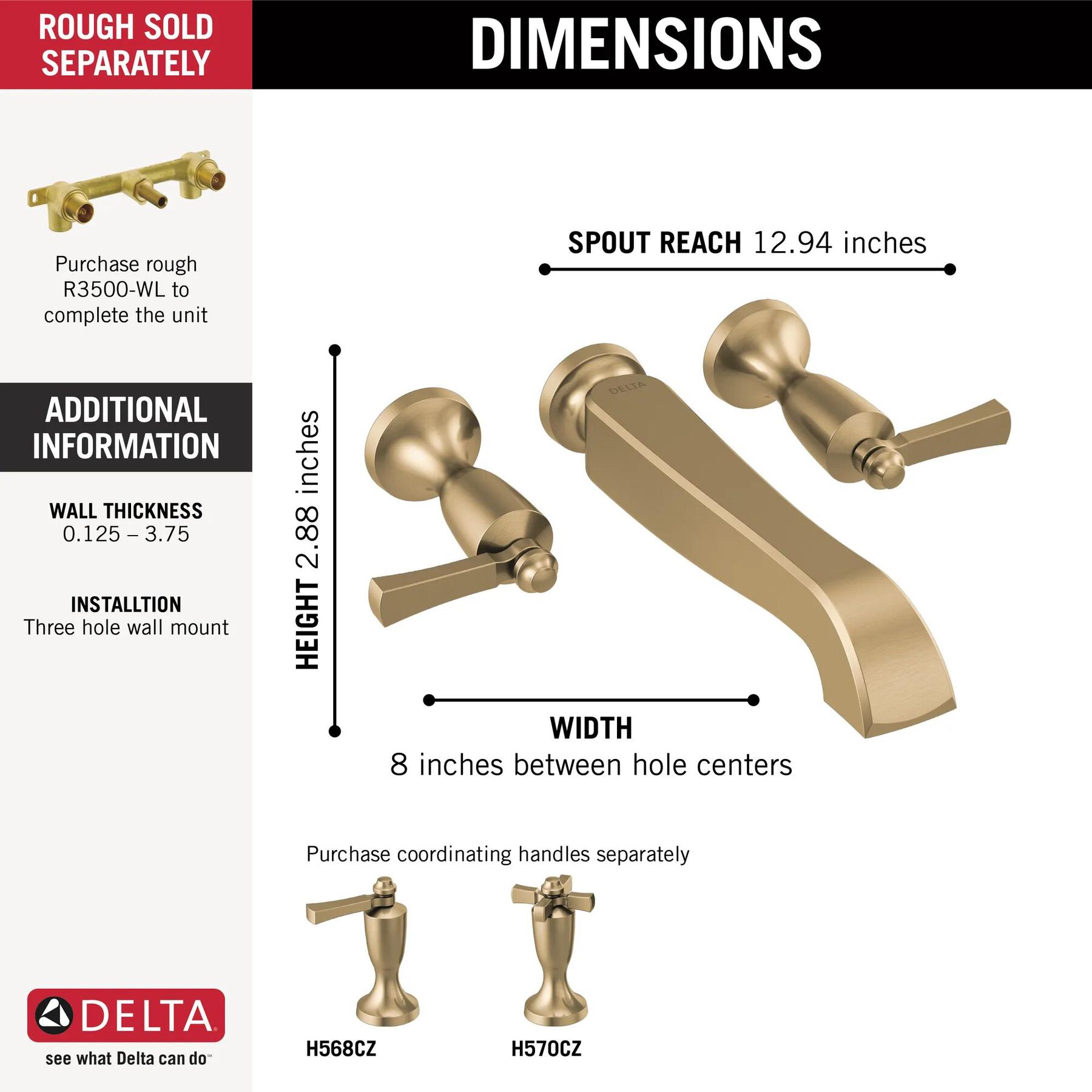 Two Handle Wall Mount Tub Filler - Less Handles