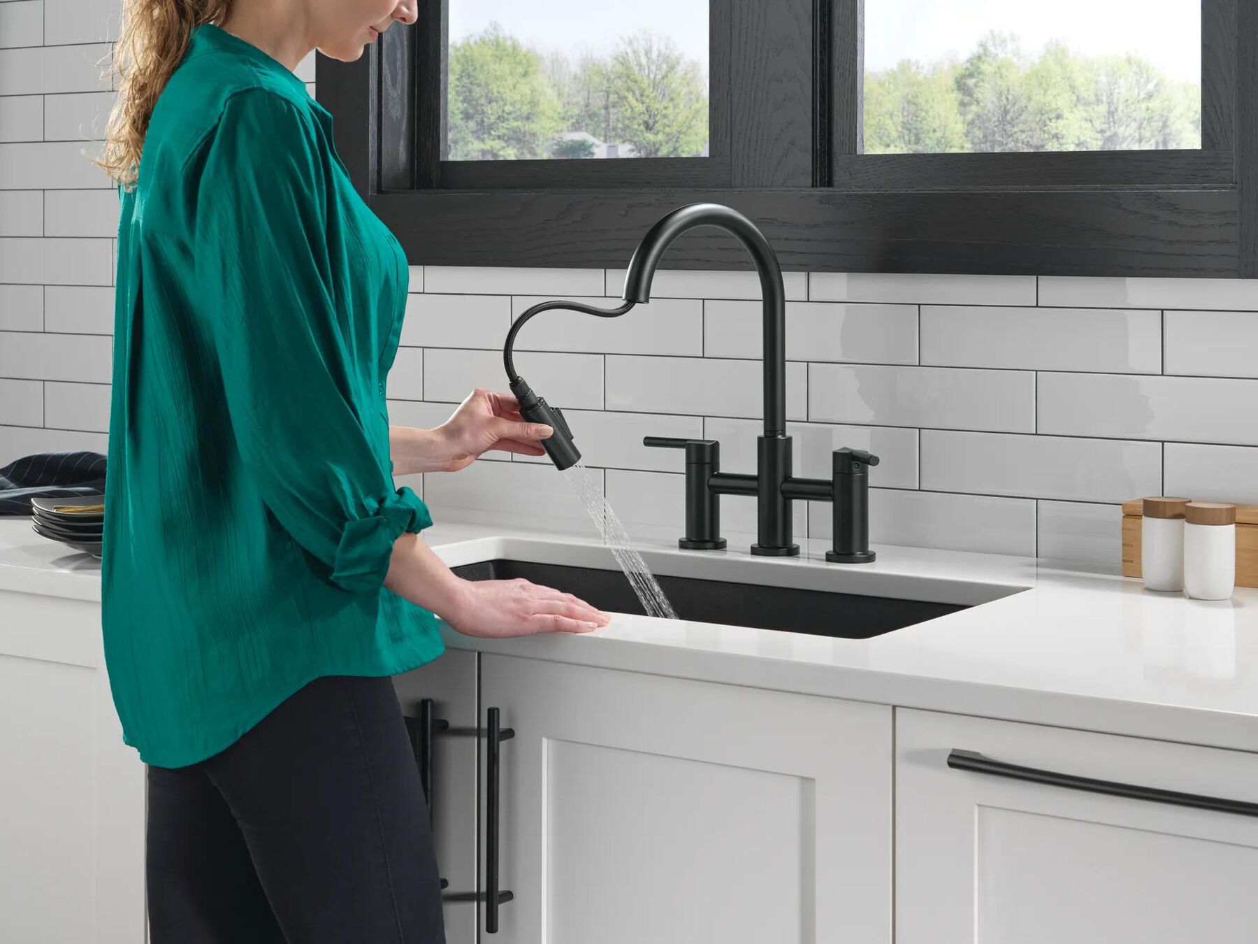 Two Handle Pull-Down Bridge Kitchen Faucet