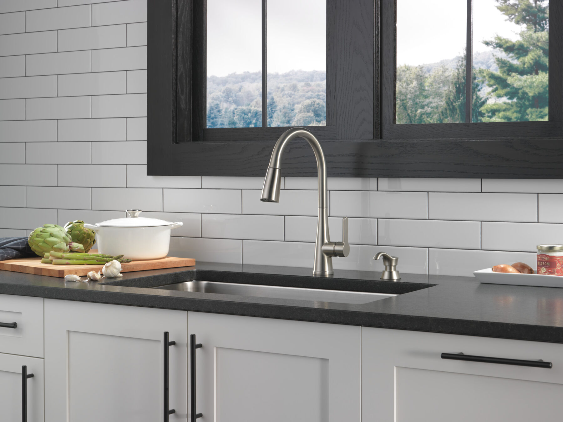 Single Handle Pull-Down Kitchen Faucet with Soap Dispenser and ShieldSpray&reg; Technology