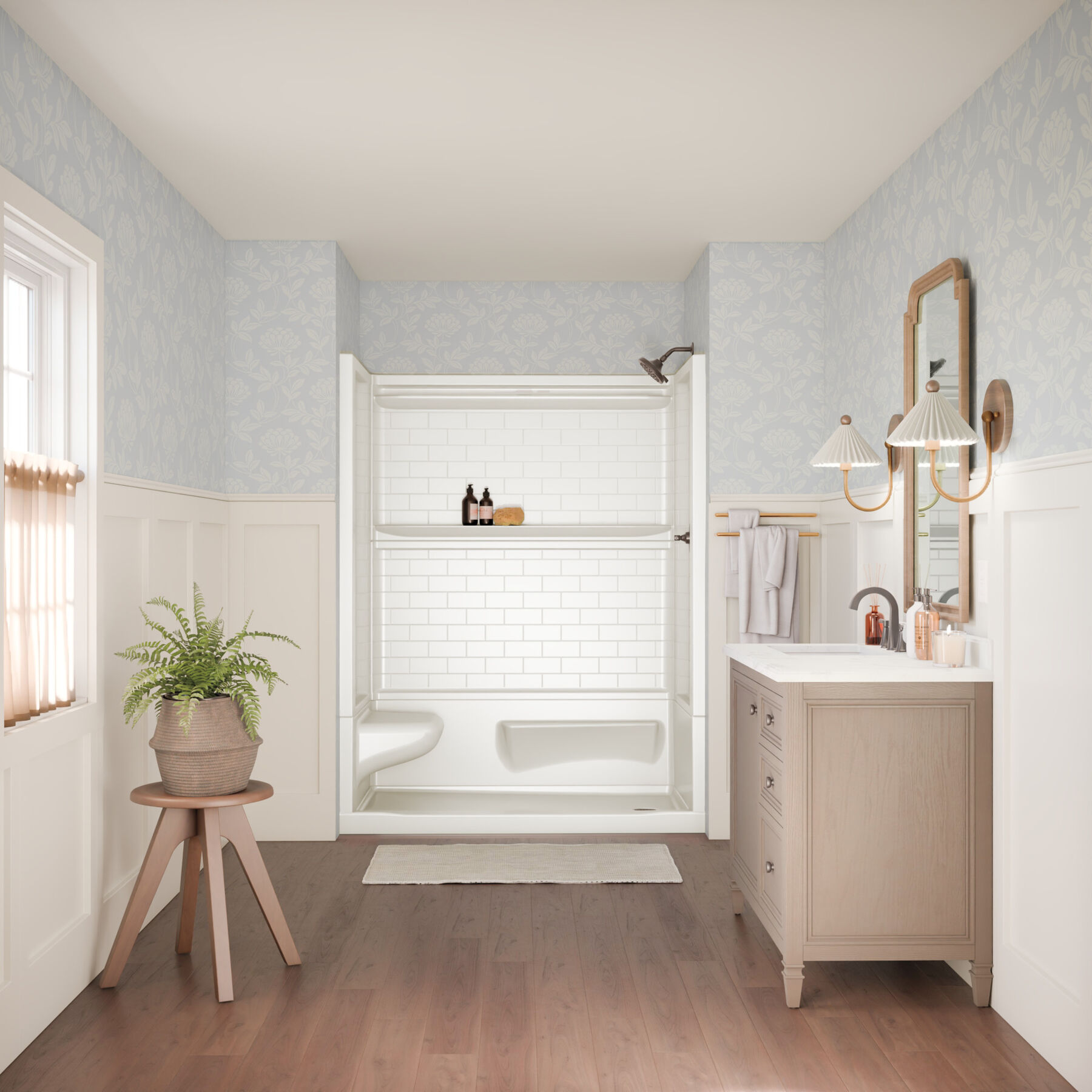 60x32 Alcove Shower Base with Tile Wall Bundle  - Left Seat Right Drain