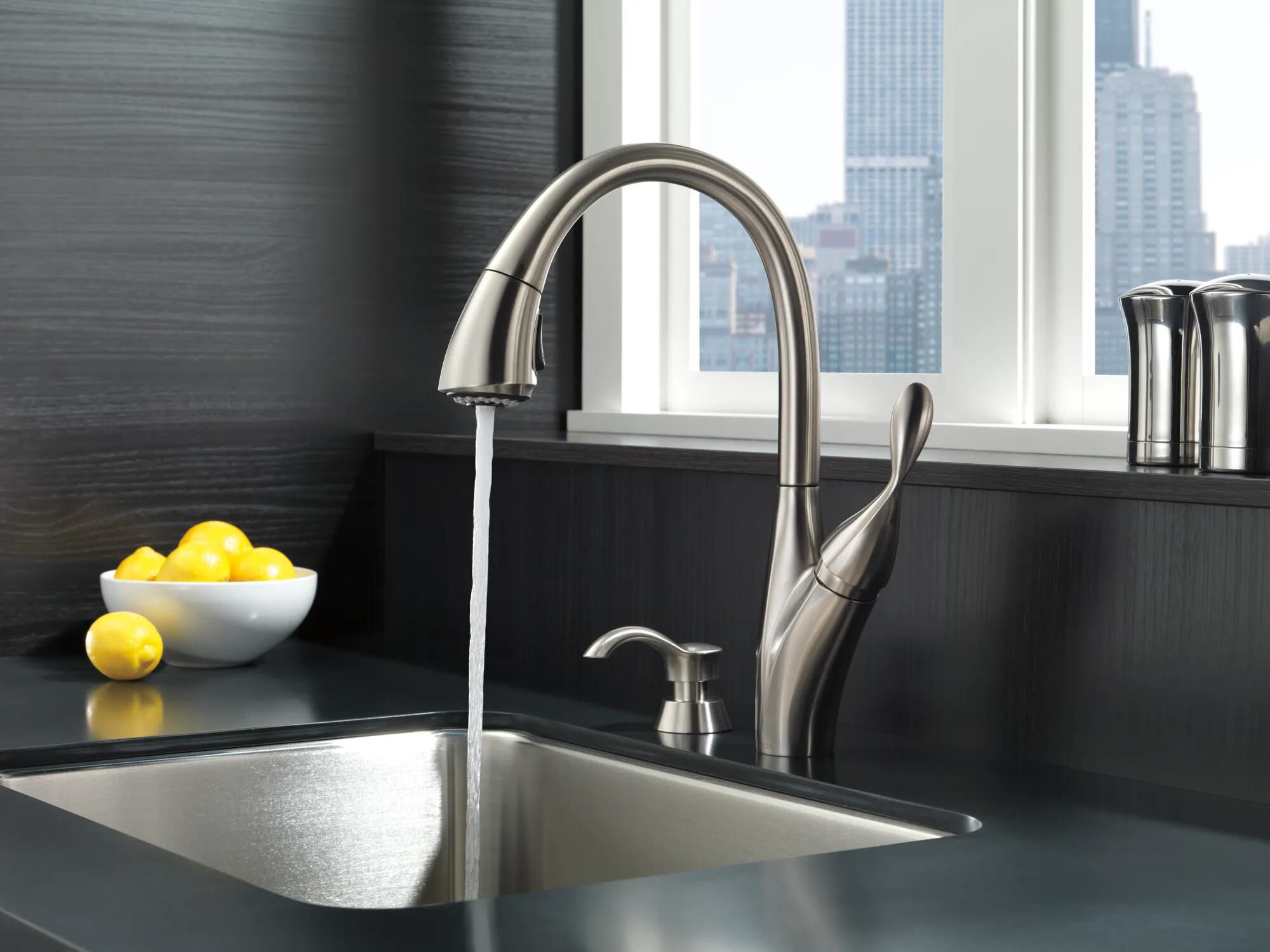 SnSt Single Handle Pull-Down Kitchen Faucet with Soap Dispenser in