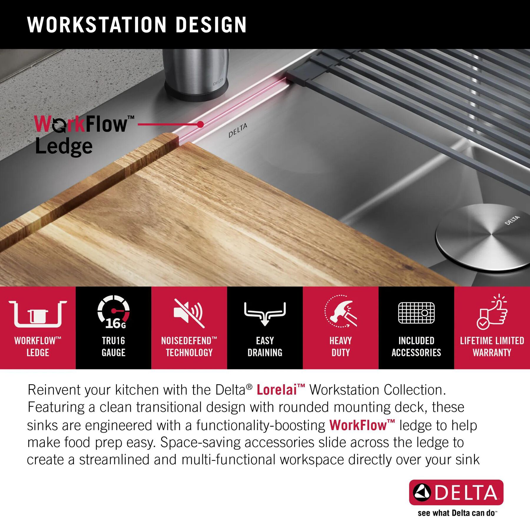 25&rdquo; Workstation Kitchen Sink Drop-In Top Mount Stainless Steel Single Bowl with WorkFlow&trade; Ledge and Accessories