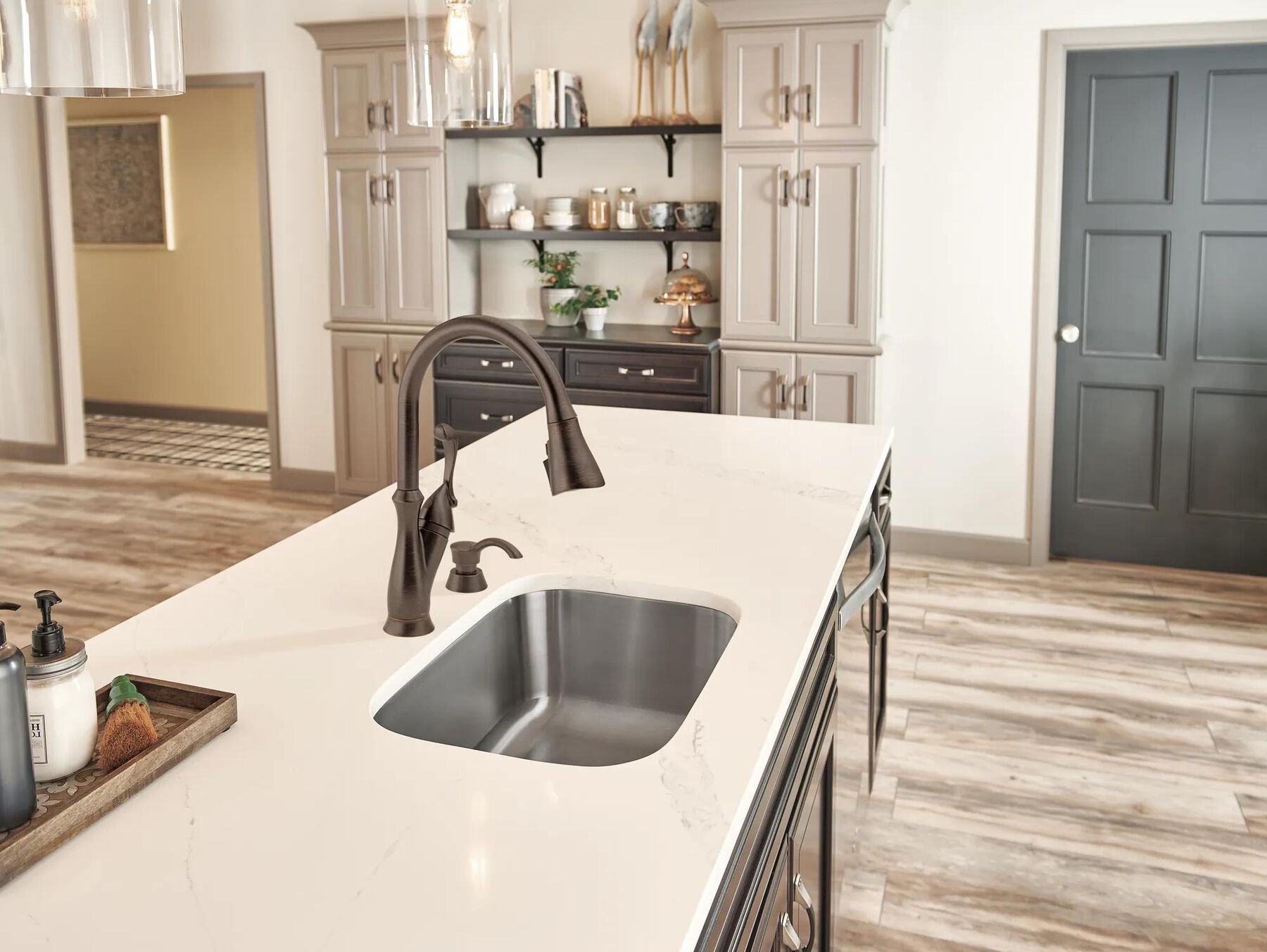 Single Handle Pull-Down Kitchen Faucet with Soap Dispenser and ShieldSpray