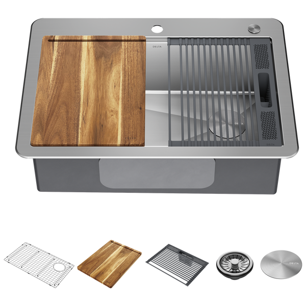 30&rdquo; Workstation Kitchen Sink Drop-In Top Mount Stainless Steel Single Bowl with WorkFlow&trade; Ledge and Accessories