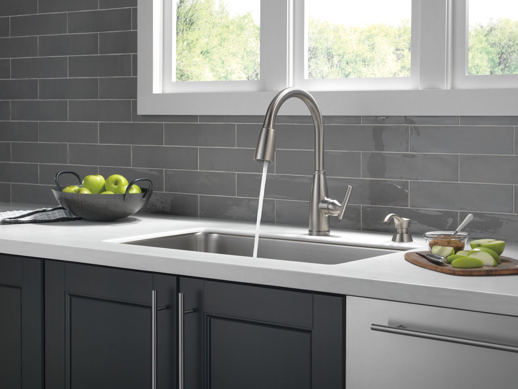 Single Handle Pull-Down Kitchen Faucet with Soap Dispenser and ShieldSpray Technology