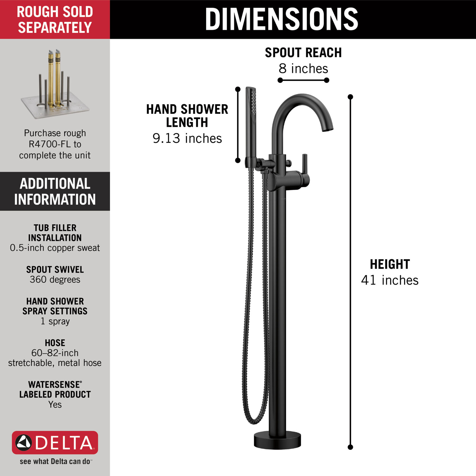 Single Handle Floor Mount Tub Filler Trim with Hand Shower (Recertified)