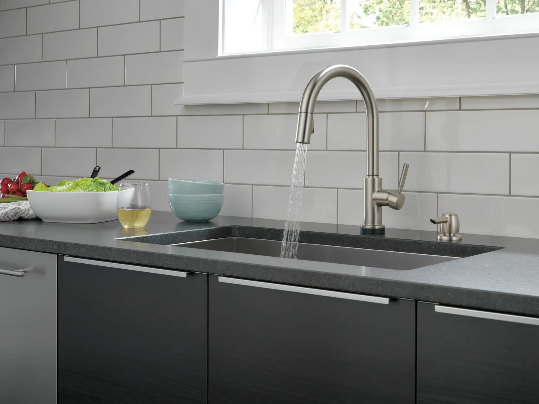 Single Handle Pull-Down Kitchen Faucet with Touch<sub>2</sub>O&reg; Technology Technology and Soap Dispenser