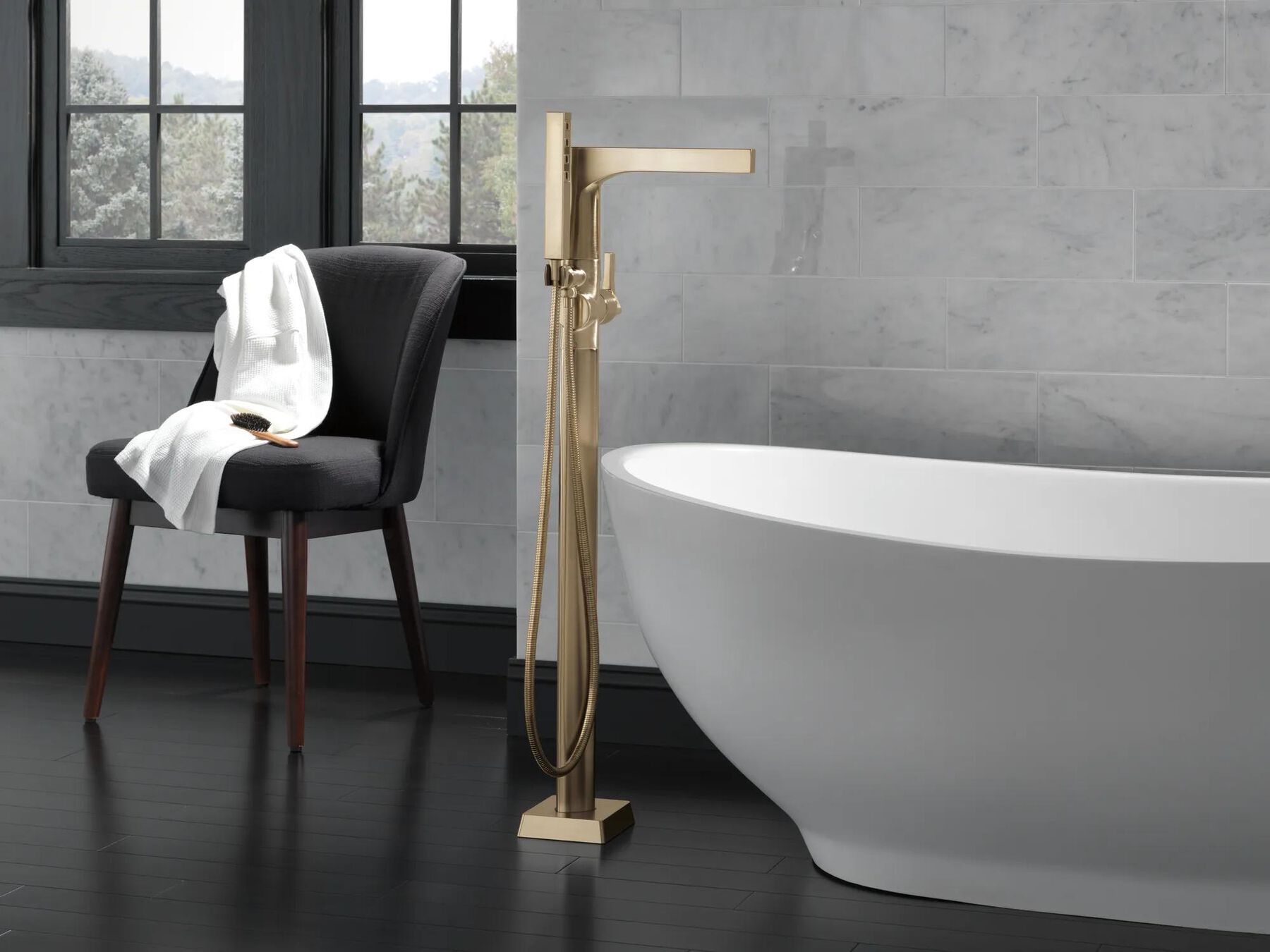 Single Handle Floor Mount Tub Filler Trim with Hand Shower