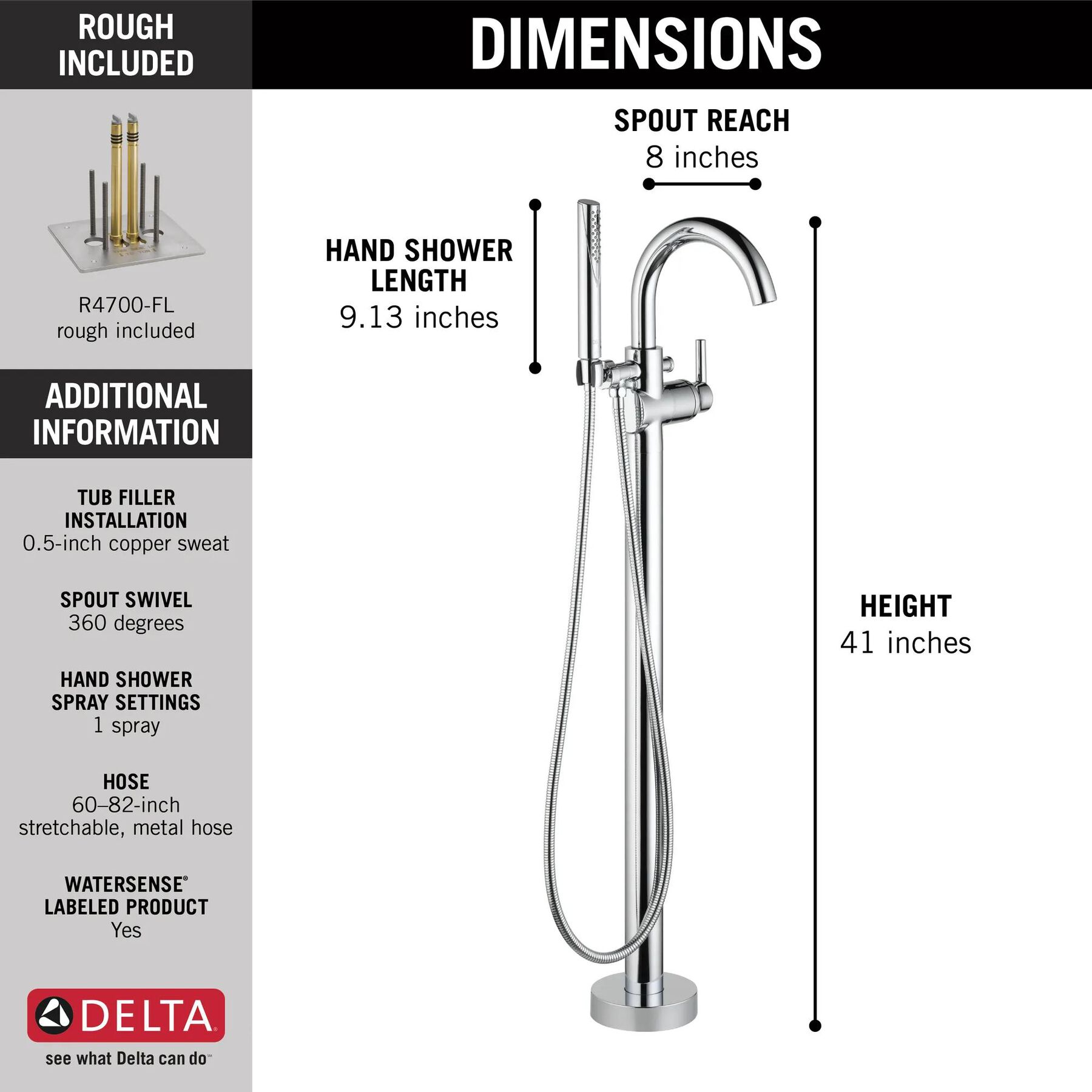 Contemporary Single Handle Floor Mount Tub Filler with Hand Shower