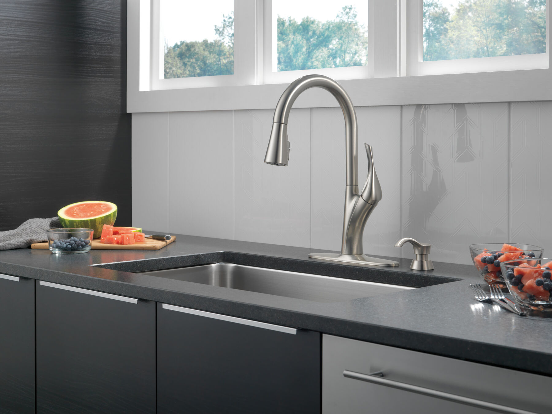 Single Handle Pull-Down Kitchen Faucet with Soap Dispenser and ShieldSpray&reg; Technology