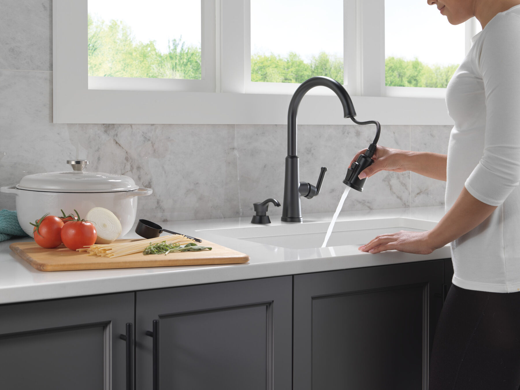 Single Handle Pull-Down Kitchen Faucet with Soap Dispenser and ShieldSpray&reg; Technology (Recertified)