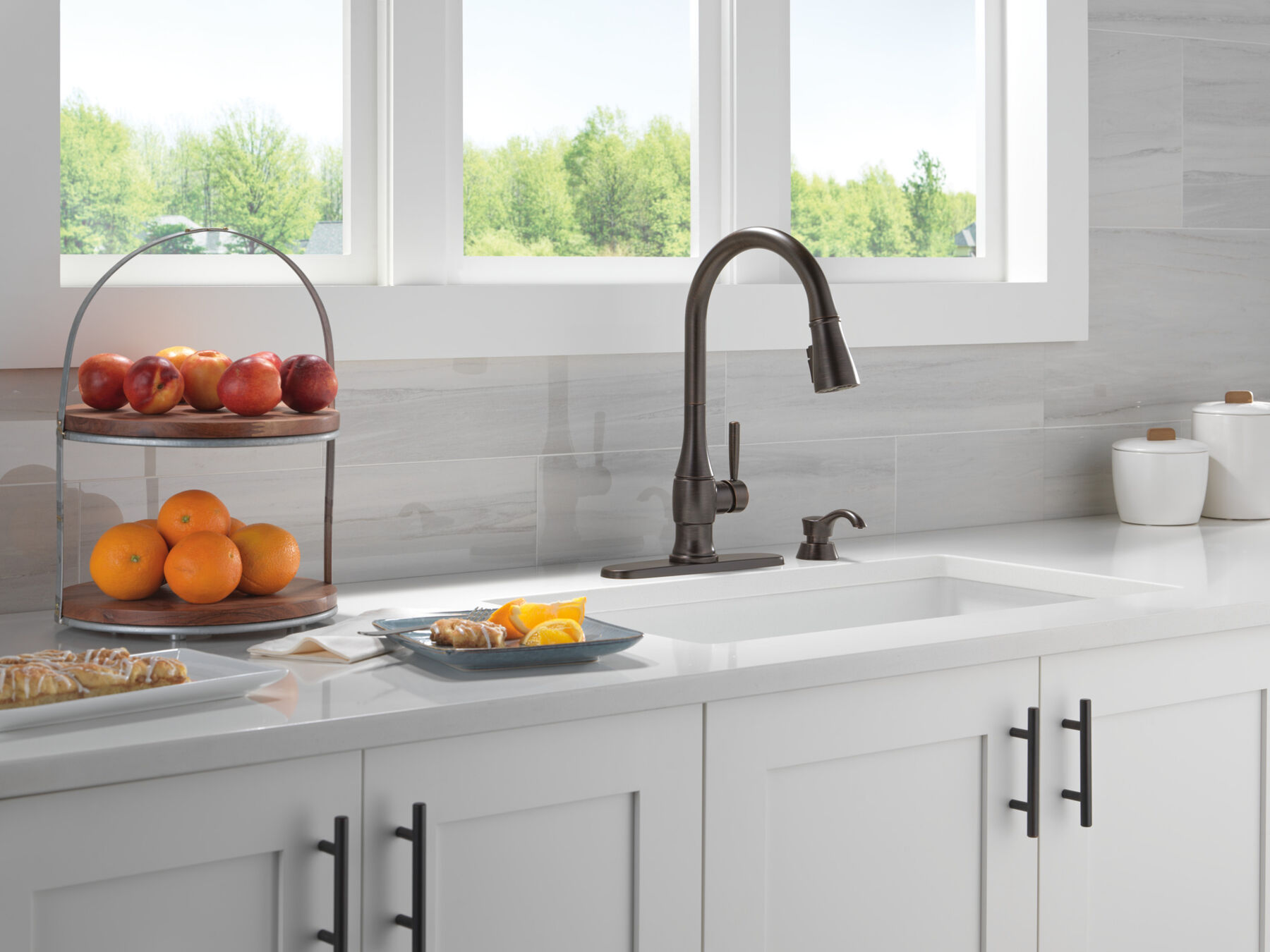 Single Handle Pull-Down Kitchen Faucet with Soap Dispenser and ShieldSpray Technology