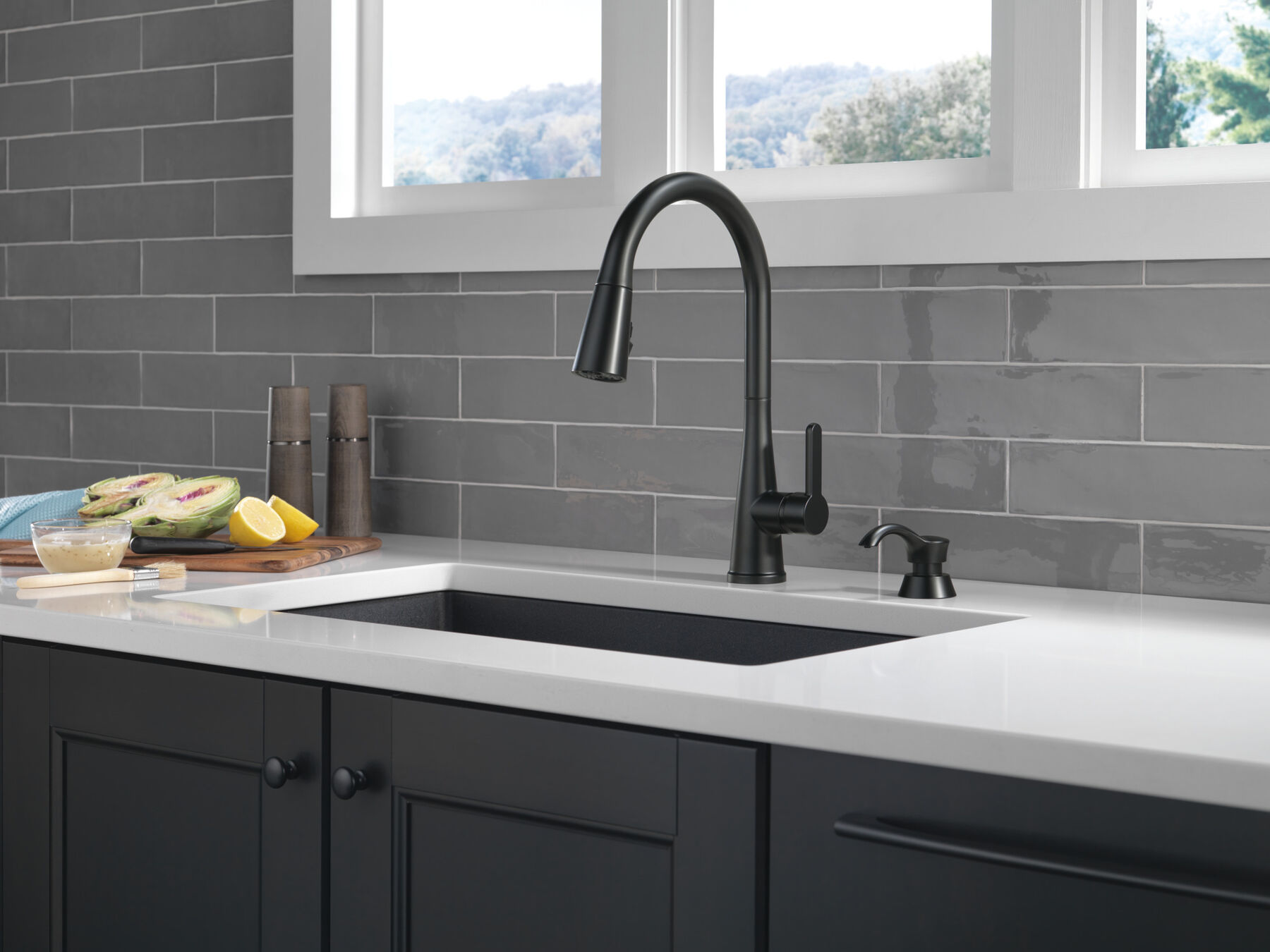Single Handle Pull-Down Kitchen Faucet with Soap Dispenser and ShieldSpray&reg; Technology