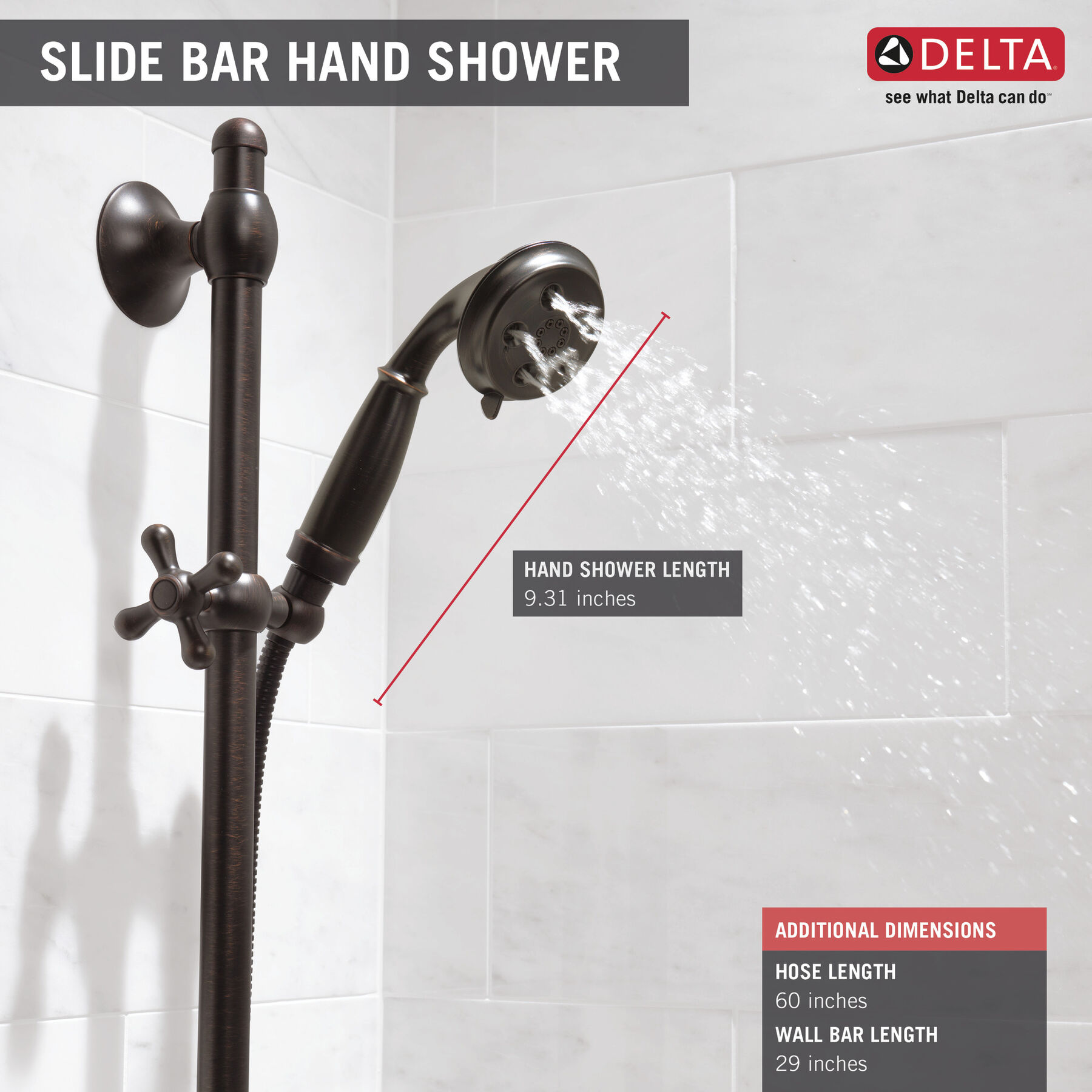 H<sub>2</sub>Okinetic&reg; 3-Setting Slide Bar Hand Shower