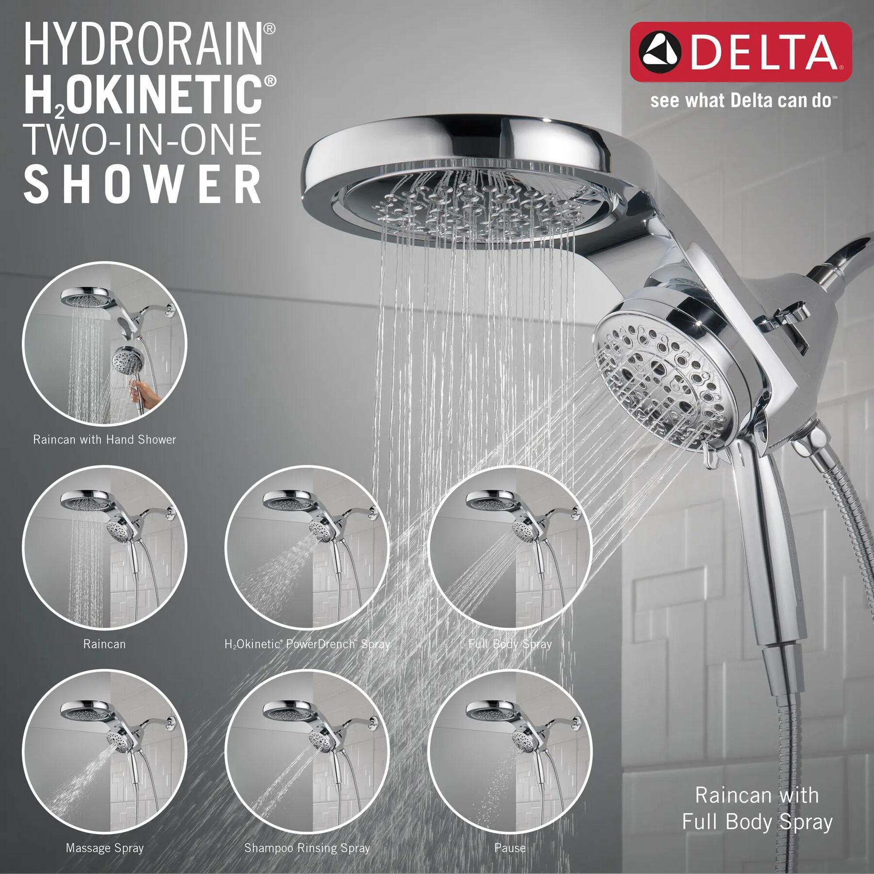 HydroRain&reg; H2Okinetic&reg; 5-Setting Two-in-One Shower Head (Recertified)
