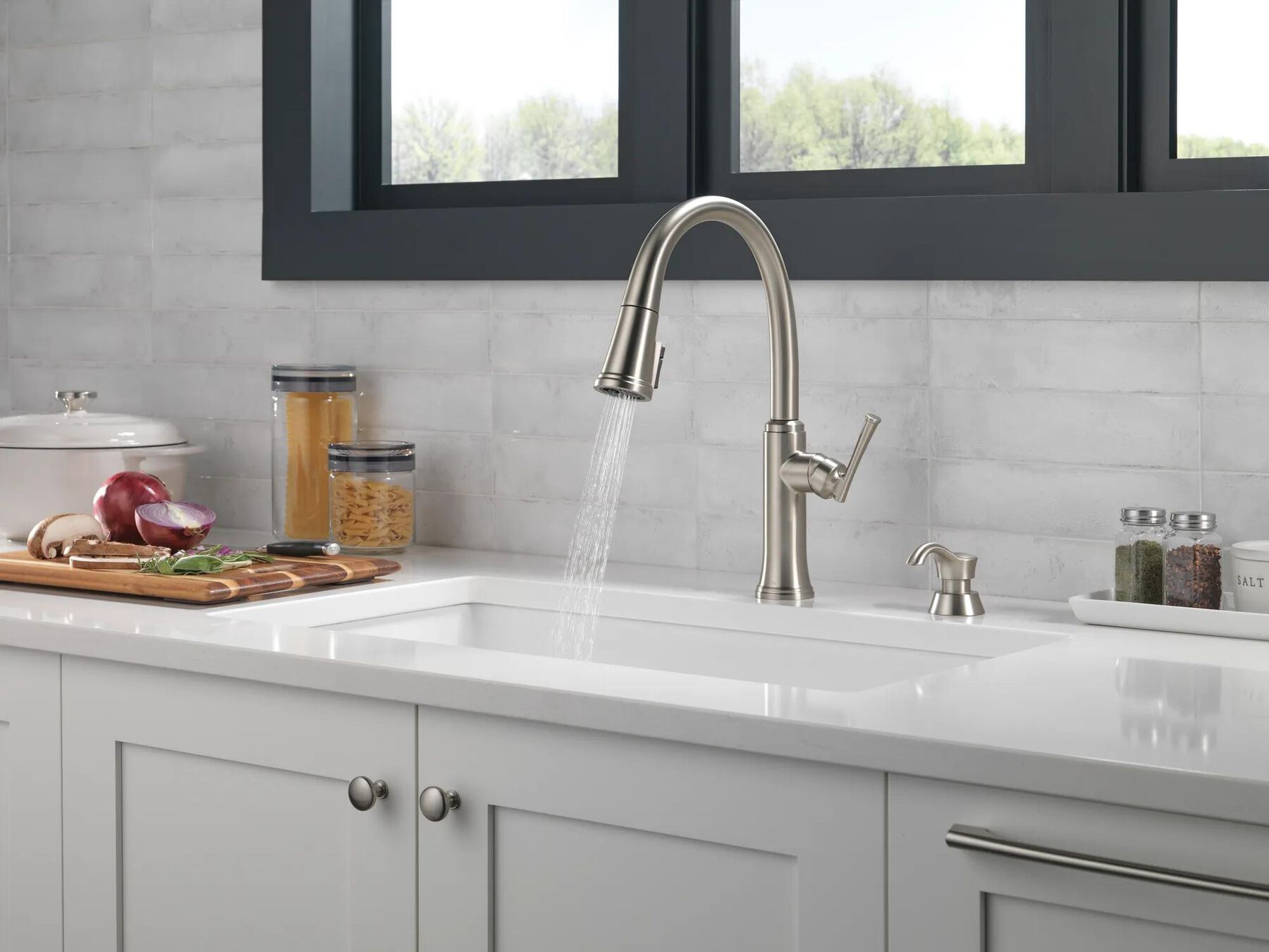 Single Handle Pull-Down Kitchen Faucet with Soap Dispenser and ShieldSpray Technology